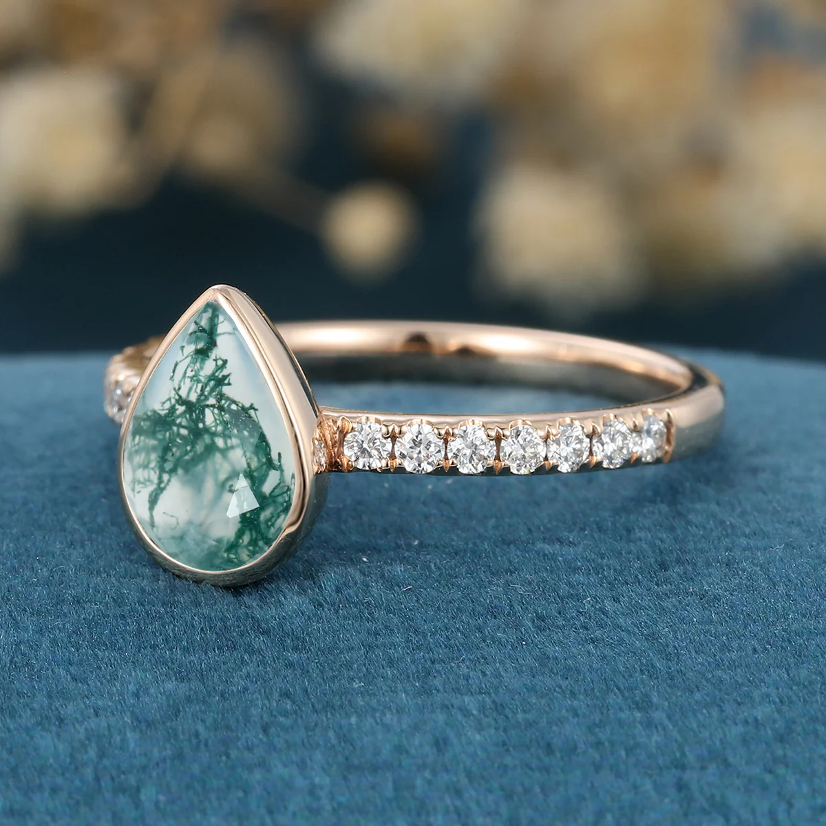 Bezel Set Pear cut Moss Agate Half Eternity Gold Engagement Ring - Image 5