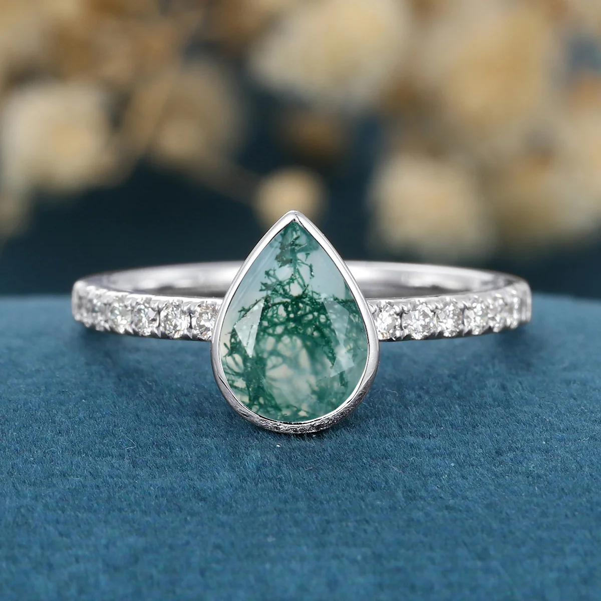 Bezel Set Pear cut Moss Agate Half Eternity Gold Engagement Ring - Image 7