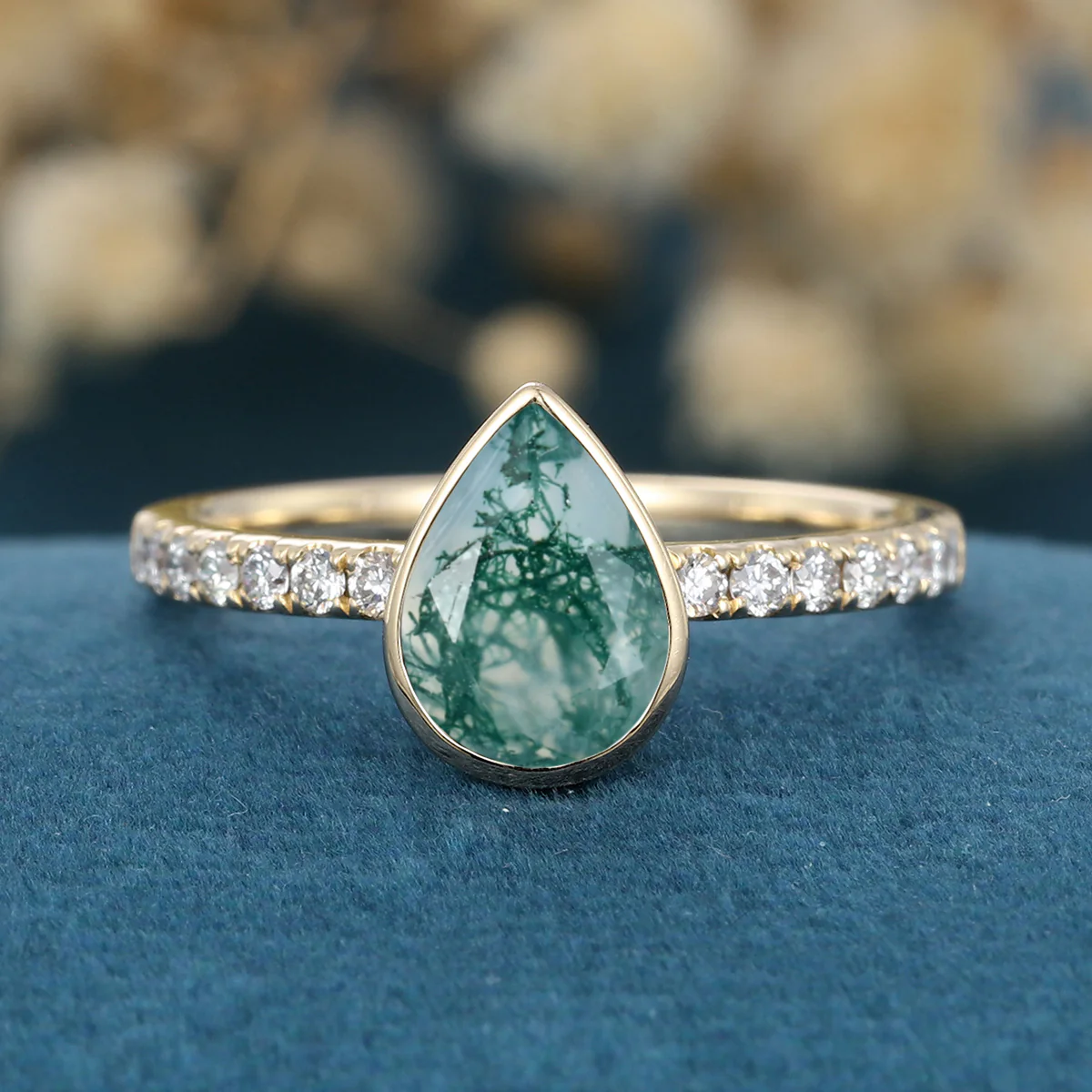 Bezel Set Pear cut Moss Agate Half Eternity Gold Engagement Ring - Image 8