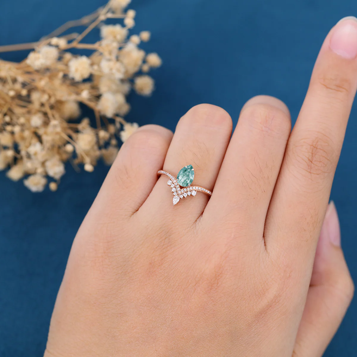 Pear cut Moss Agate Halo Gold Engagement ring - Image 2
