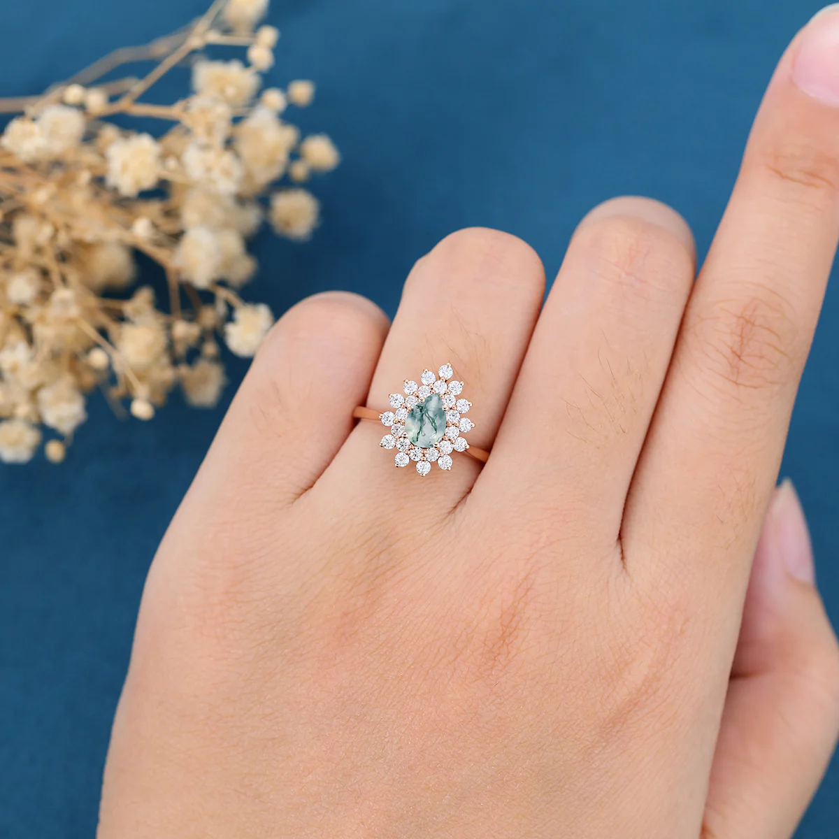 Pear cut Moss Agate Halo Gold Engagement ring - Image 2