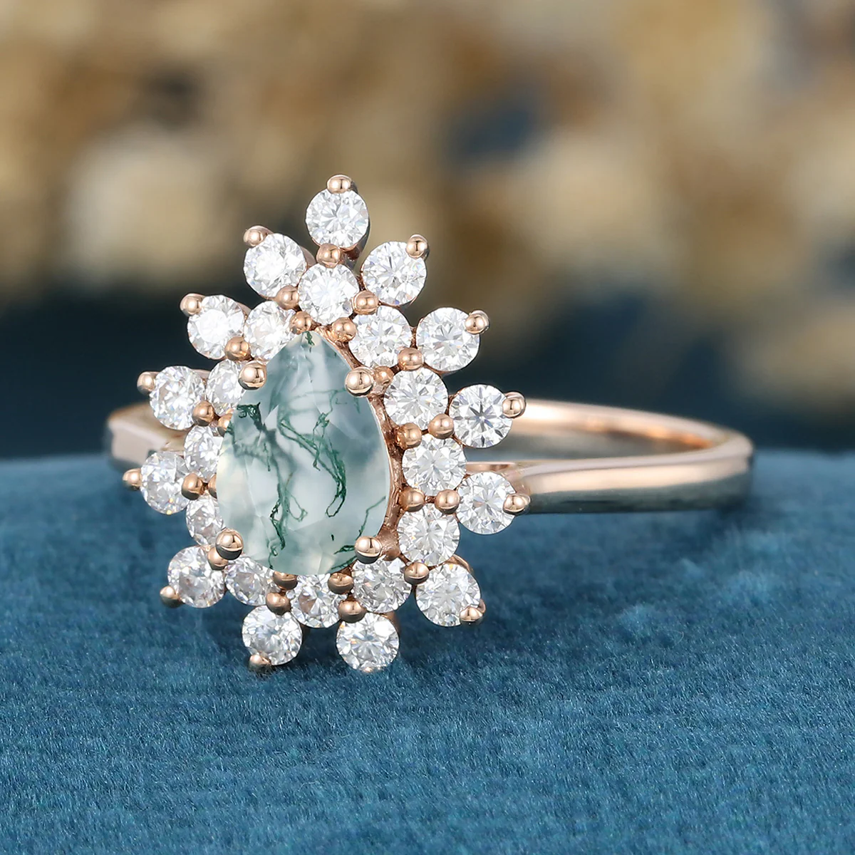 Pear cut Moss Agate Halo Gold Engagement ring - Image 3