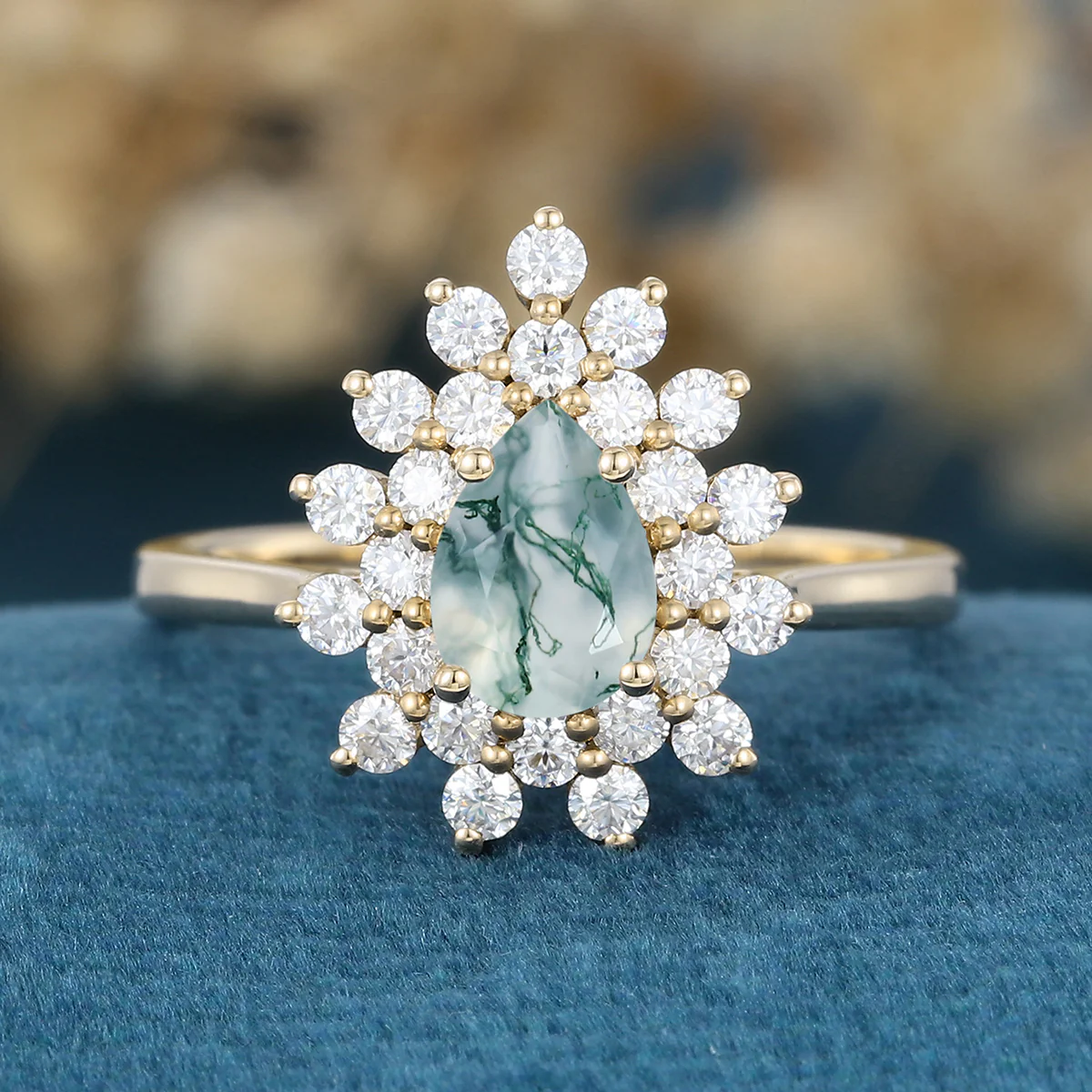 Pear cut Moss Agate Halo Gold Engagement ring - Image 4