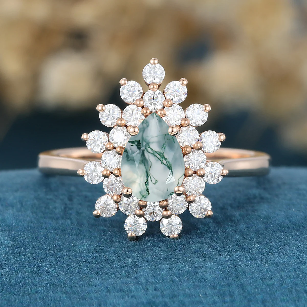 Pear cut Moss Agate Halo Gold Engagement ring - Image 7