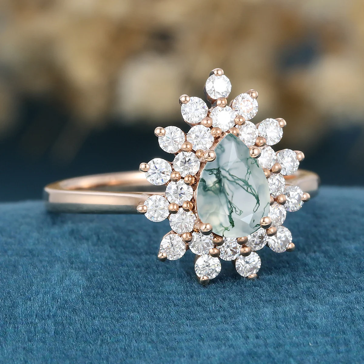 Pear cut Moss Agate Halo Gold Engagement ring - Image 8
