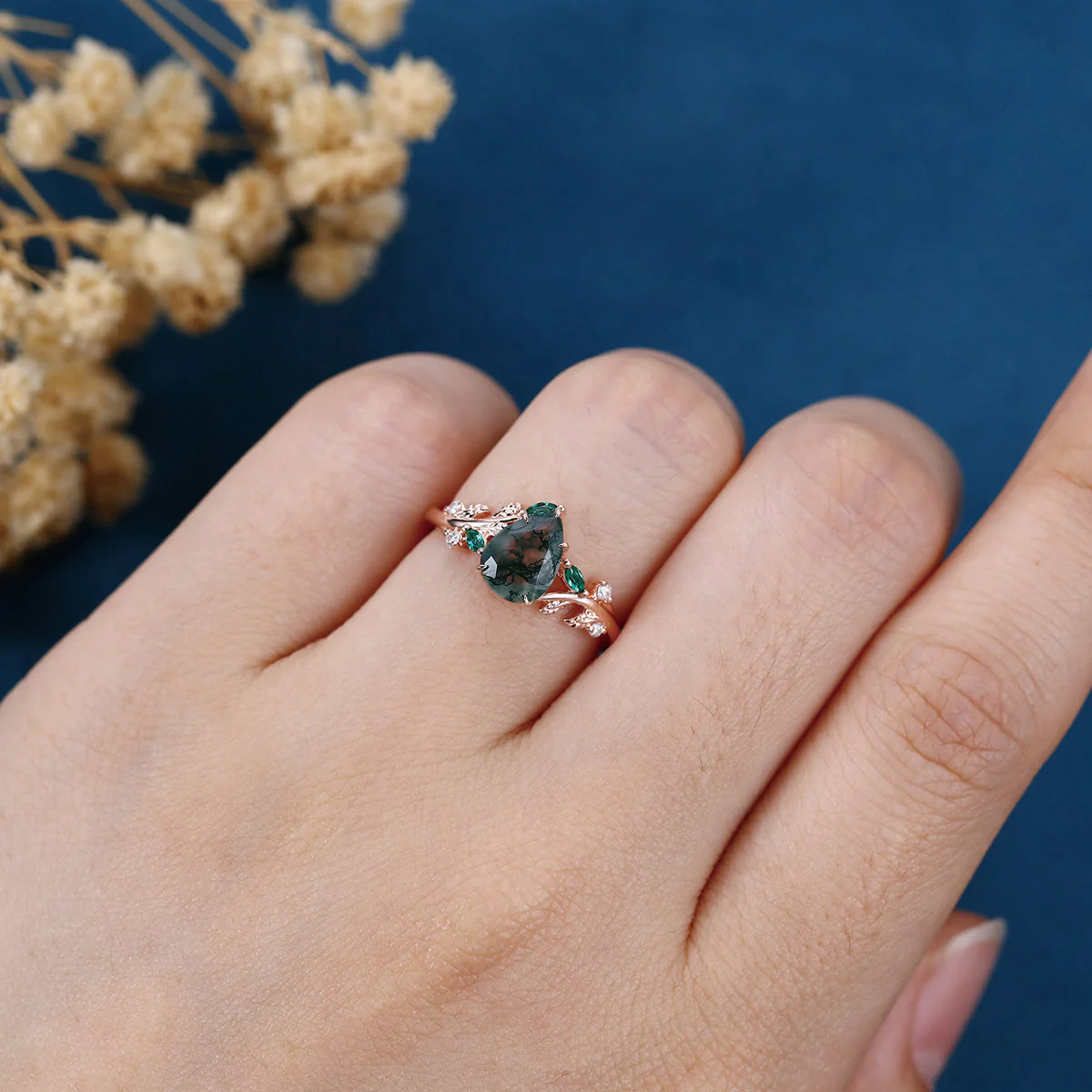 Pear cut Moss Agate + Lab Emerald Engagement Ring - Image 2