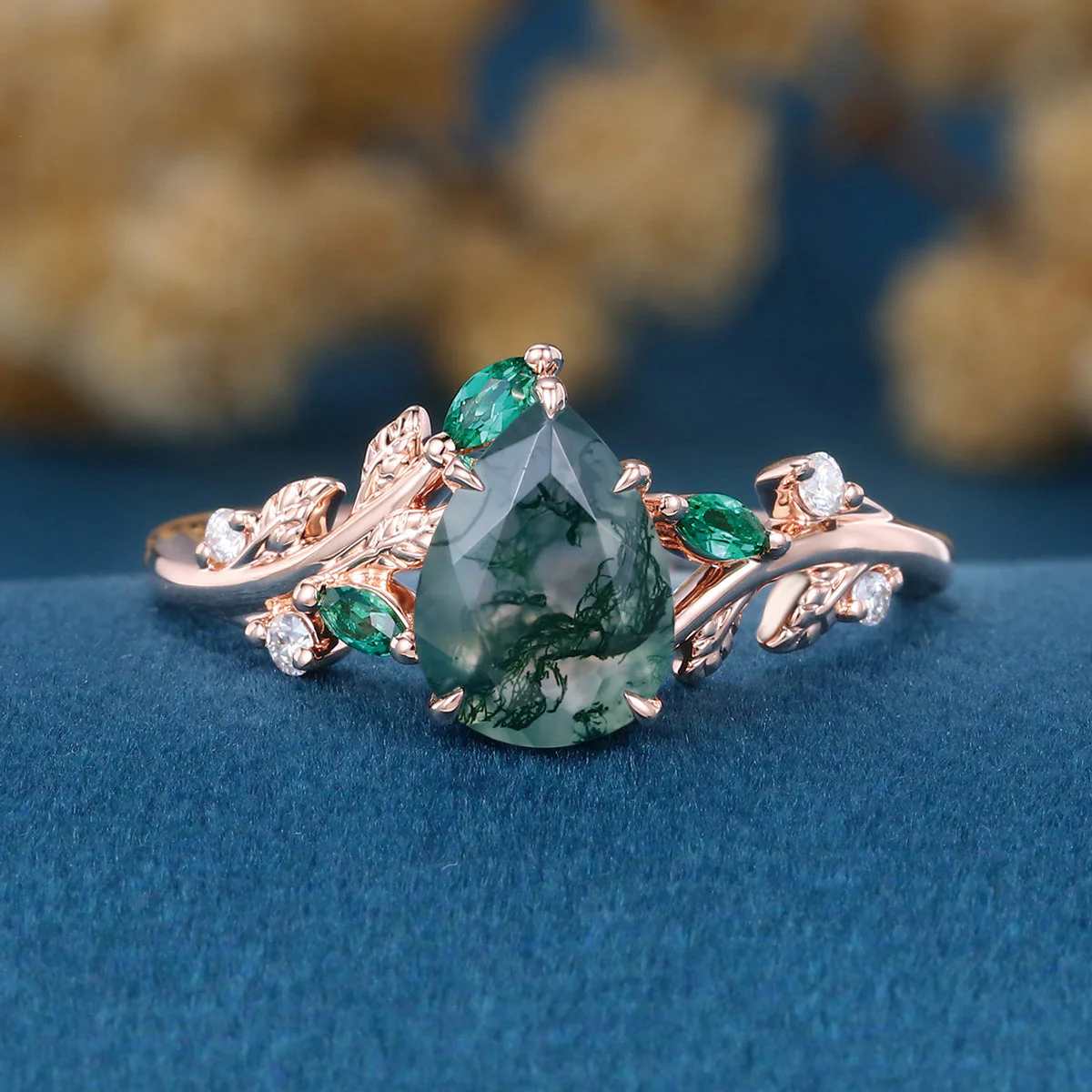 Pear cut Moss Agate + Lab Emerald Engagement Ring - Image 3
