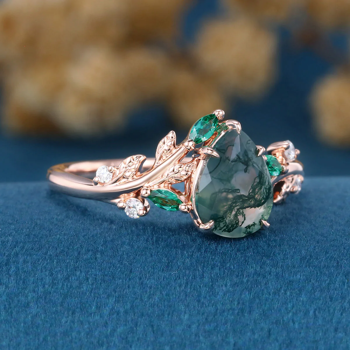 Pear cut Moss Agate + Lab Emerald Engagement Ring - Image 4
