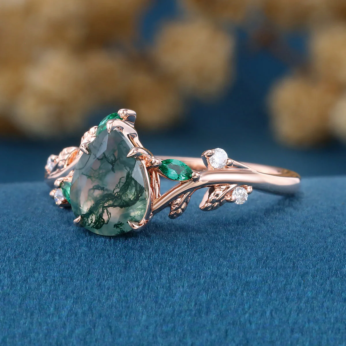 Pear cut Moss Agate + Lab Emerald Engagement Ring - Image 5