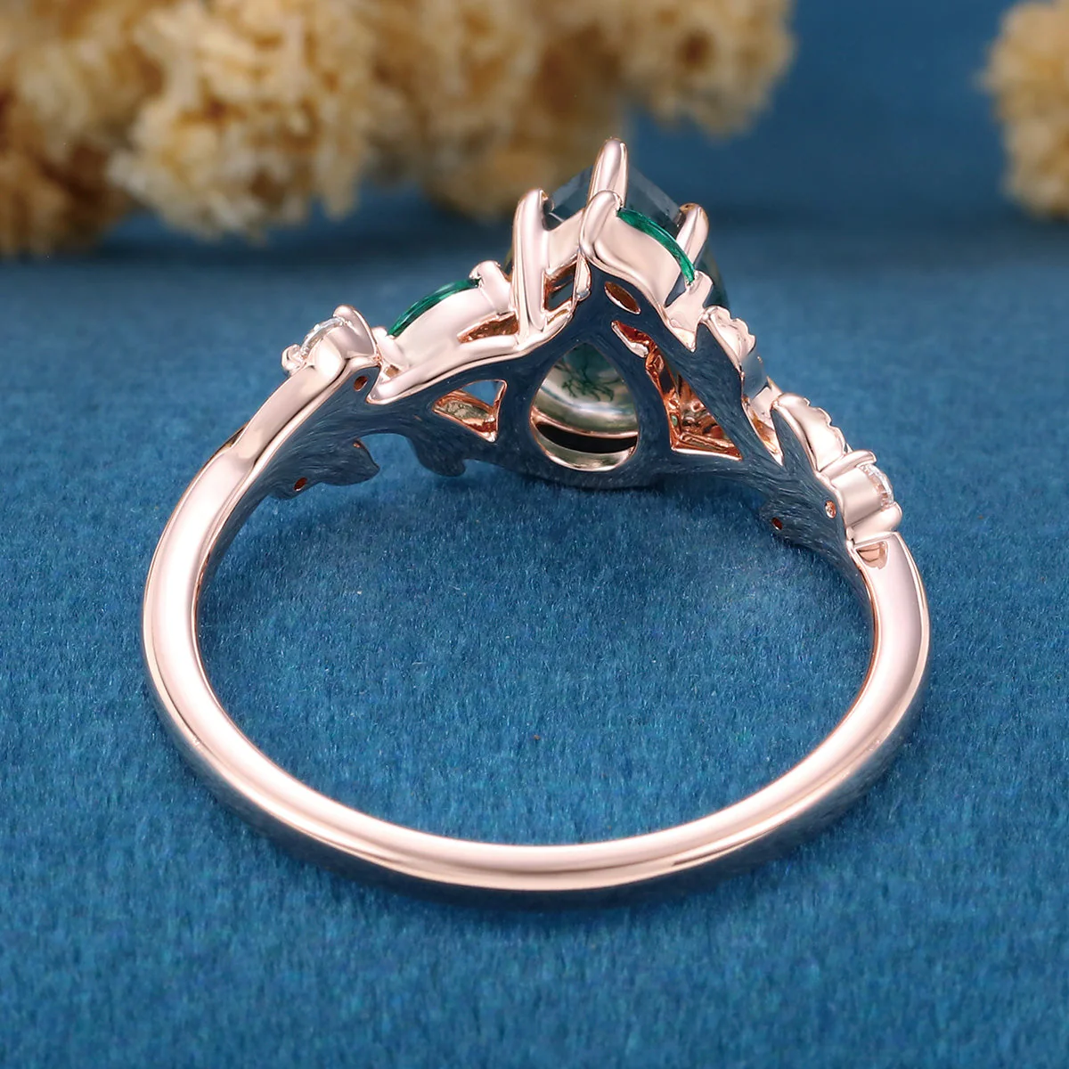 Pear cut Moss Agate + Lab Emerald Engagement Ring - Image 6