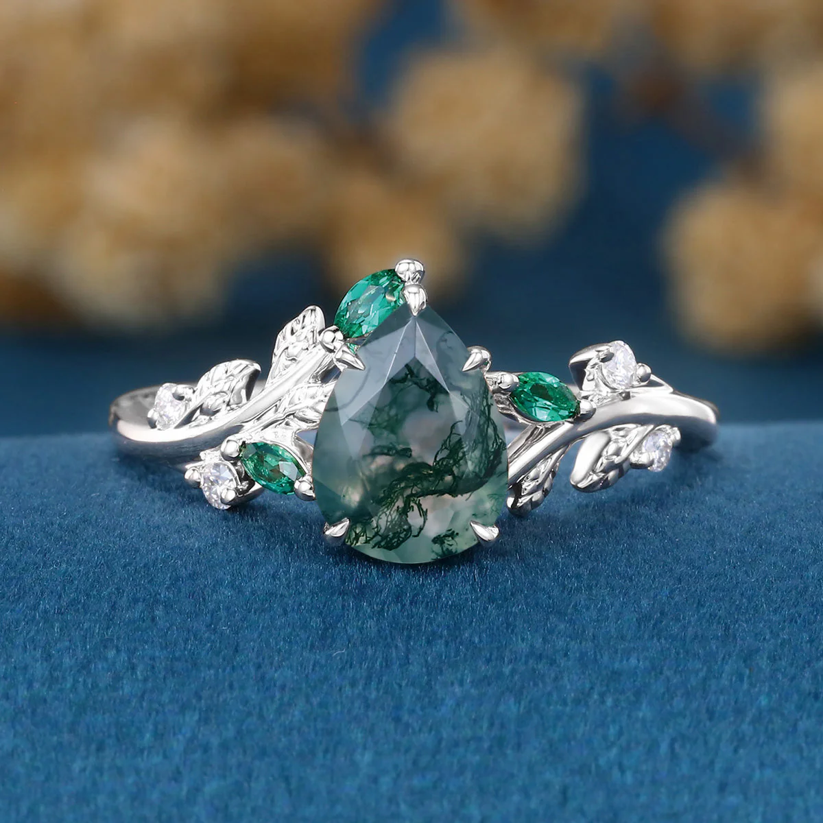 Pear cut Moss Agate + Lab Emerald Engagement Ring - Image 7