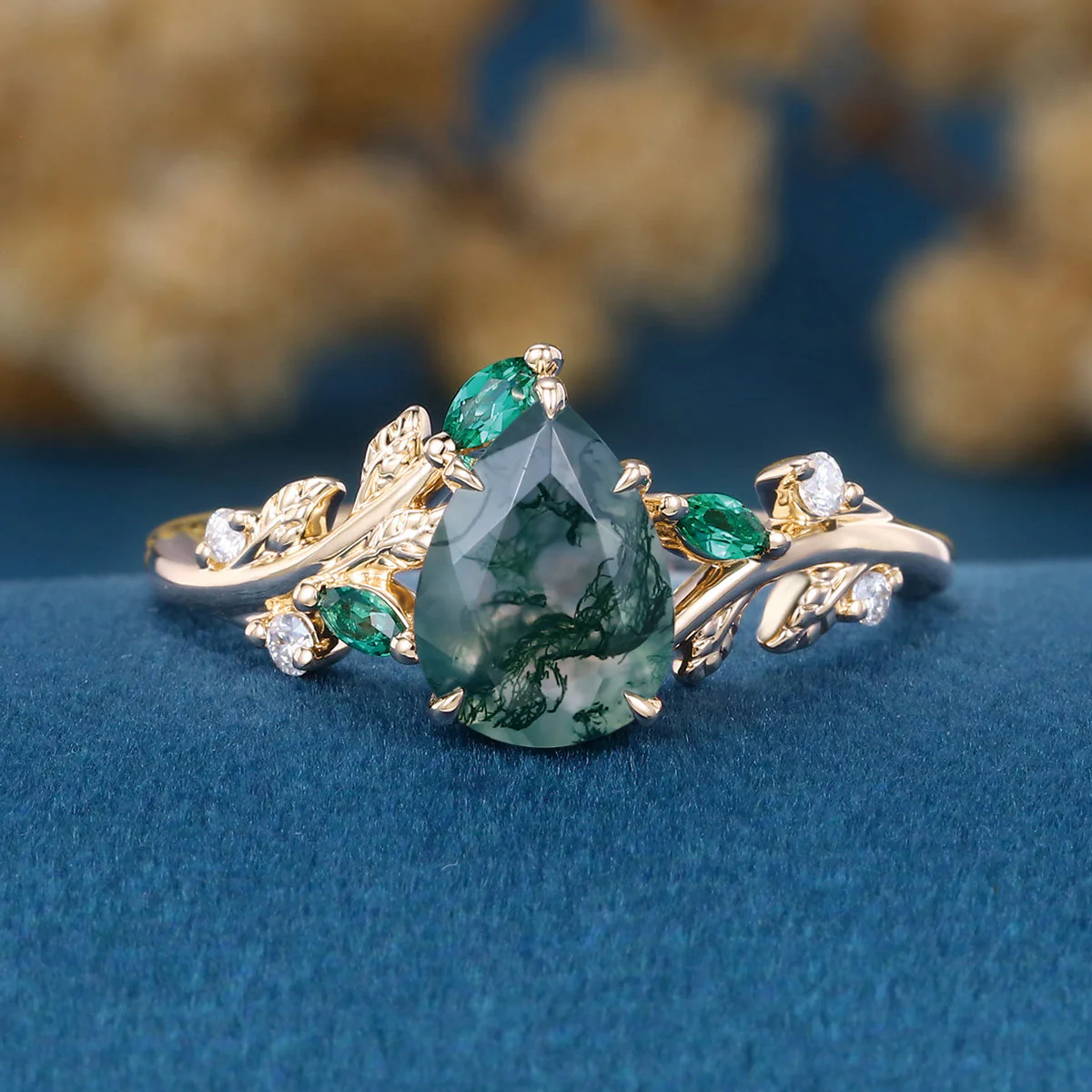 Pear cut Moss Agate + Lab Emerald Engagement Ring - Image 8