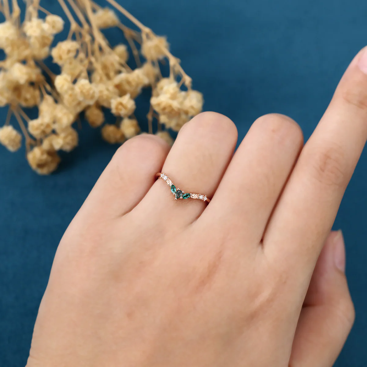 Pear cut Moss agate + Lab emeralds Curved Wedding Band Ring - Image 2