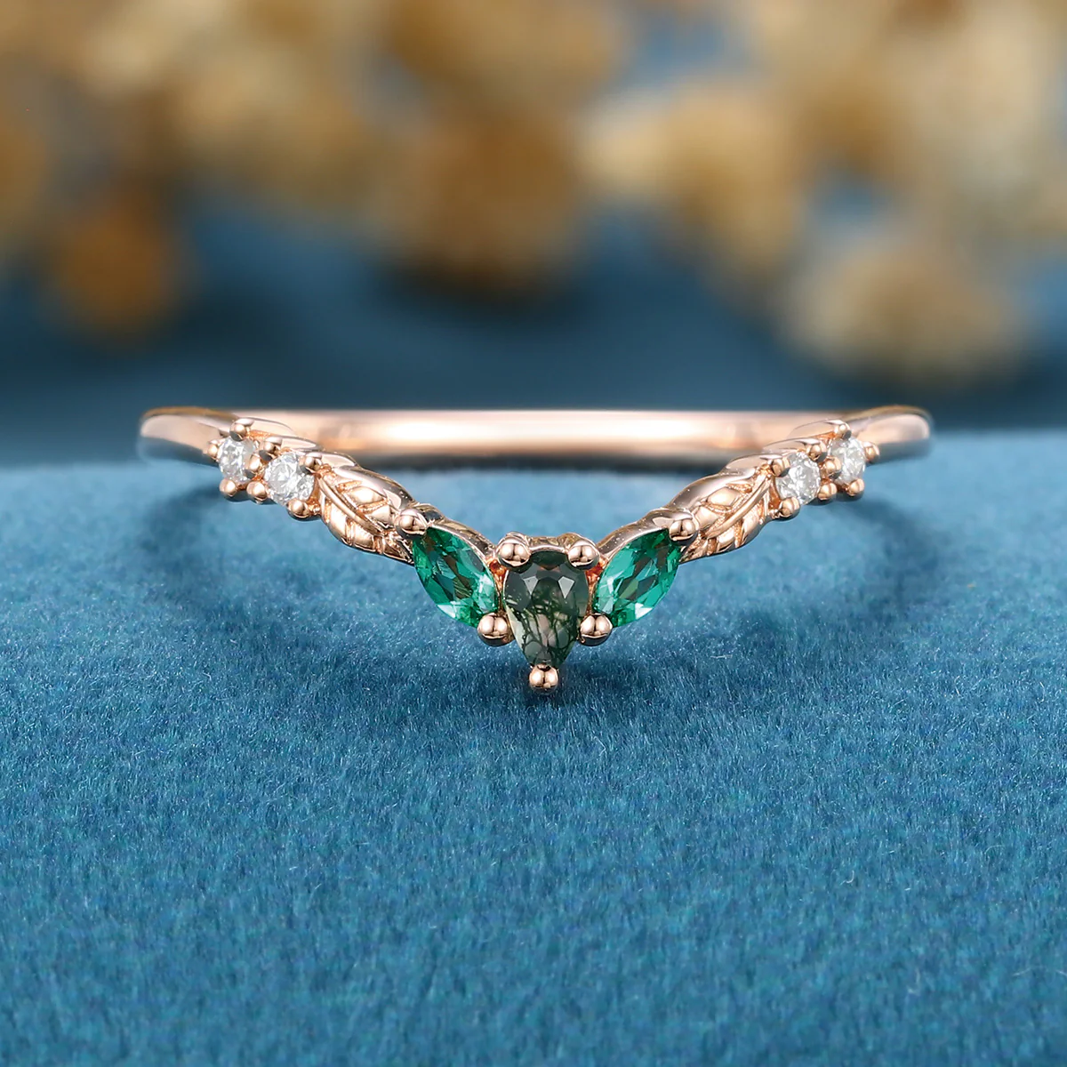 Pear cut Moss agate + Lab emeralds Curved Wedding Band Ring - Image 3