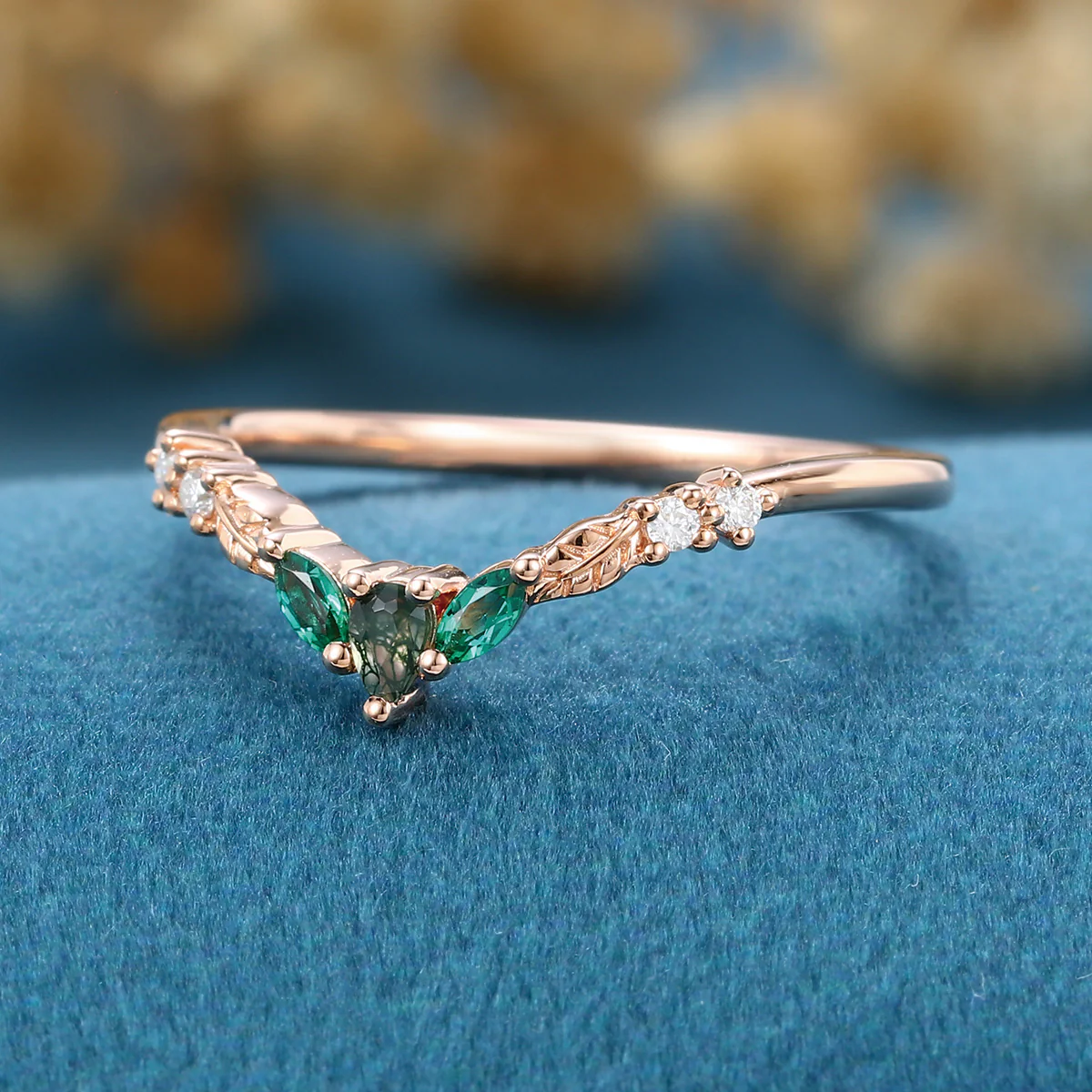 Pear cut Moss agate + Lab emeralds Curved Wedding Band Ring - Image 5