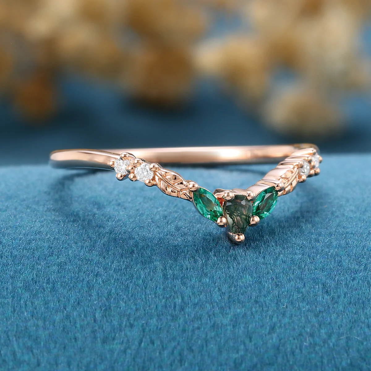 Pear cut Moss agate + Lab emeralds Curved Wedding Band Ring - Image 6