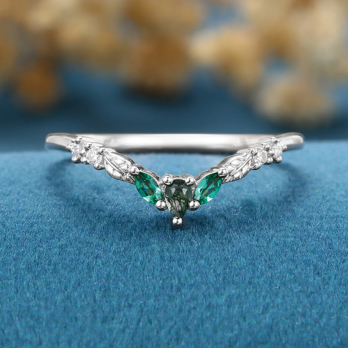 Pear cut Moss agate + Lab emeralds Curved Wedding Band Ring - Image 7