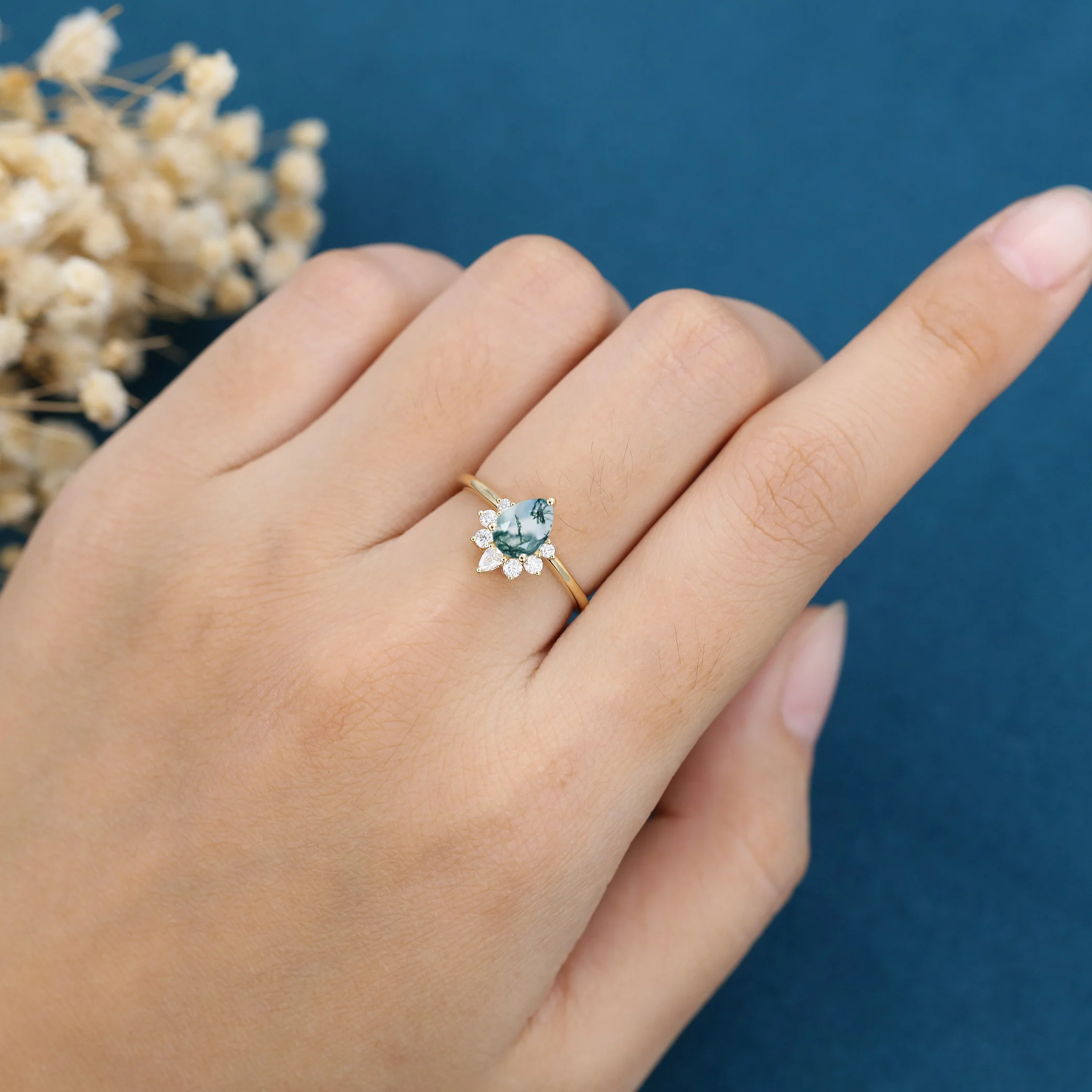 Pear Cut Natural Green Moss Agate Cluster Engagement Ring - Image 2