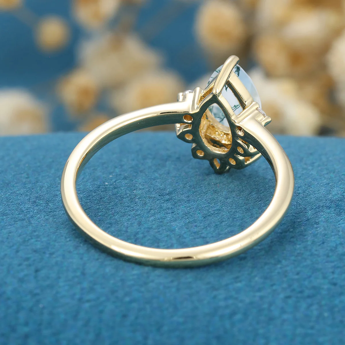 Pear Cut Natural Green Moss Agate Cluster Engagement Ring - Image 6