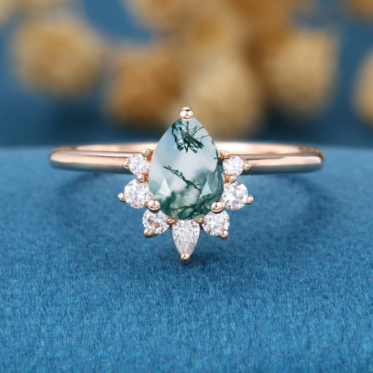 Pear Cut Natural Green Moss Agate Cluster Engagement Ring - Image 8
