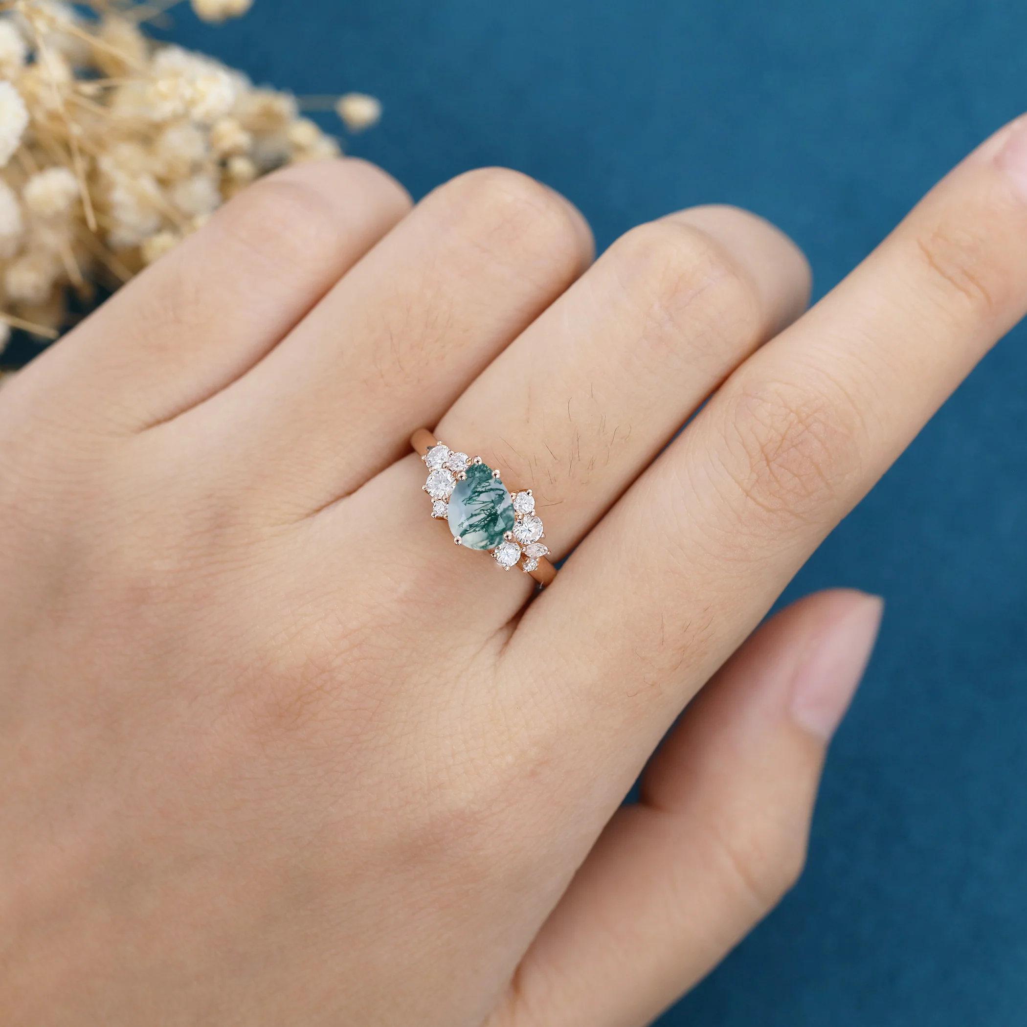 Pear Cut Natural Green Moss Agate Cluster Engagement Ring - Image 2
