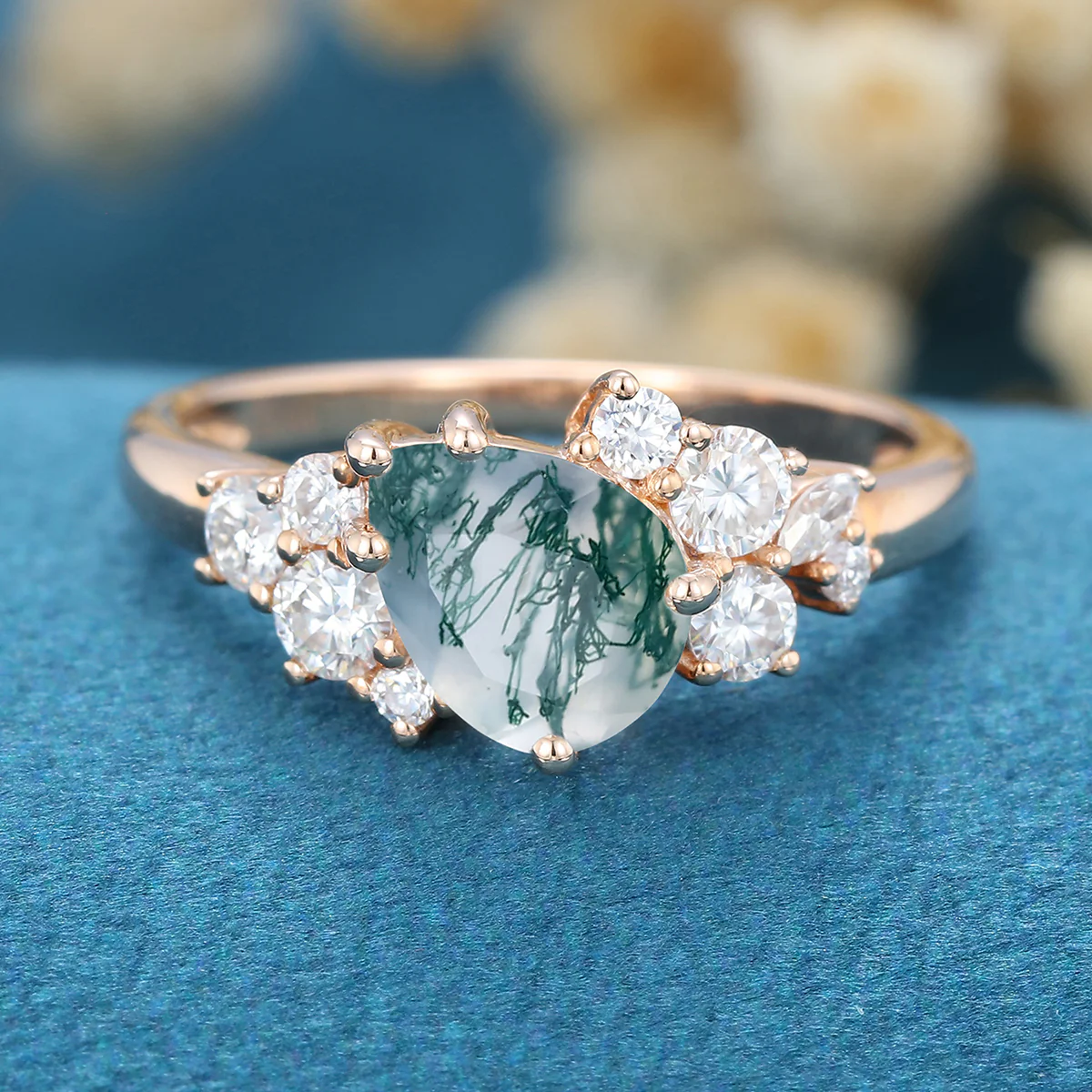 Pear Cut Natural Green Moss Agate Cluster Engagement Ring - Image 3