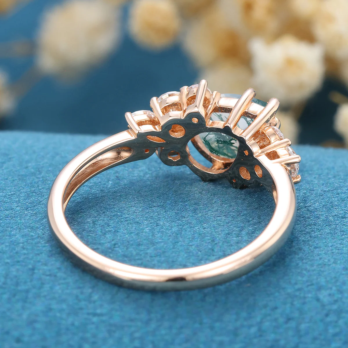 Pear Cut Natural Green Moss Agate Cluster Engagement Ring - Image 6