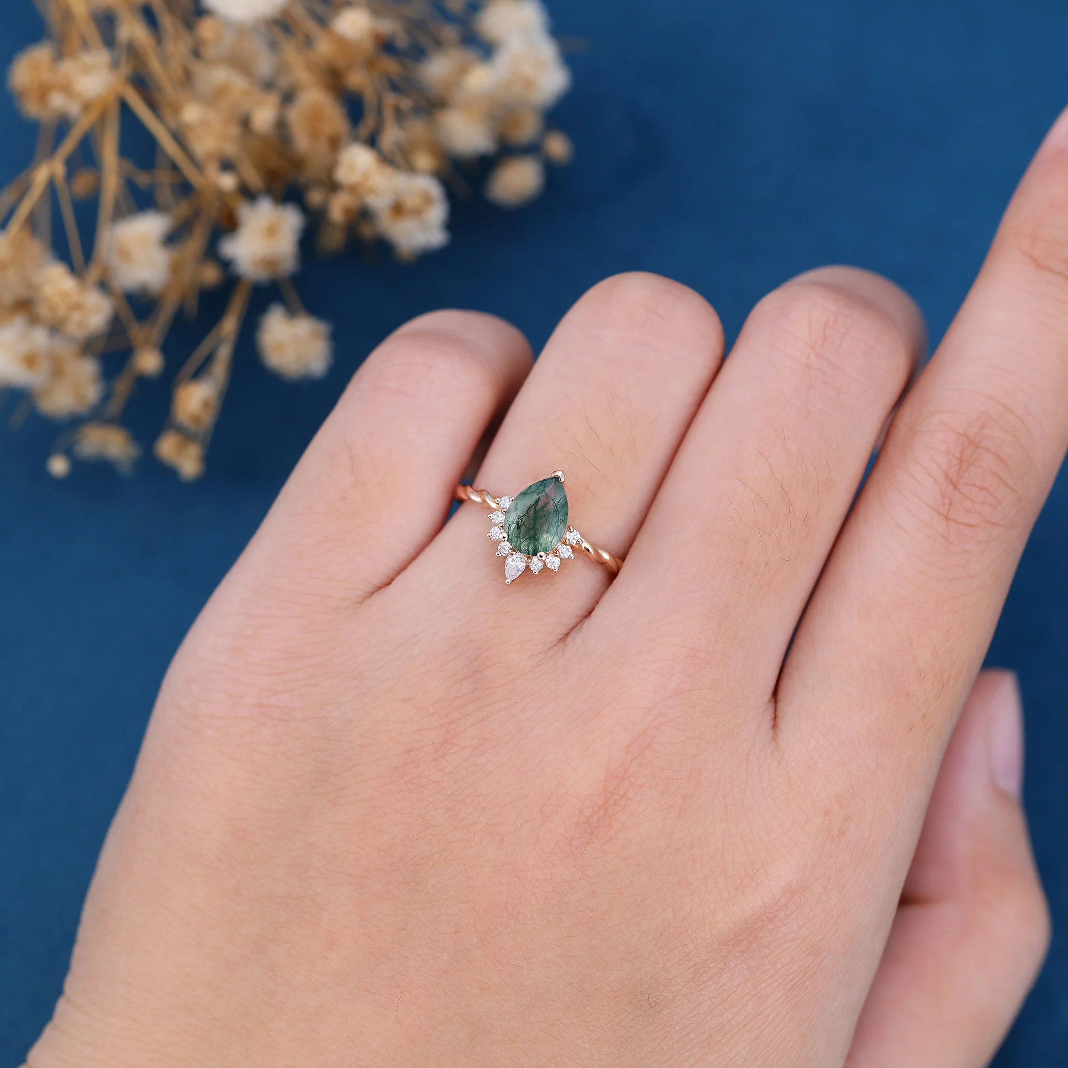 Pear Cut Natural Green Moss Agate Cluster Engagement Ring - Image 2