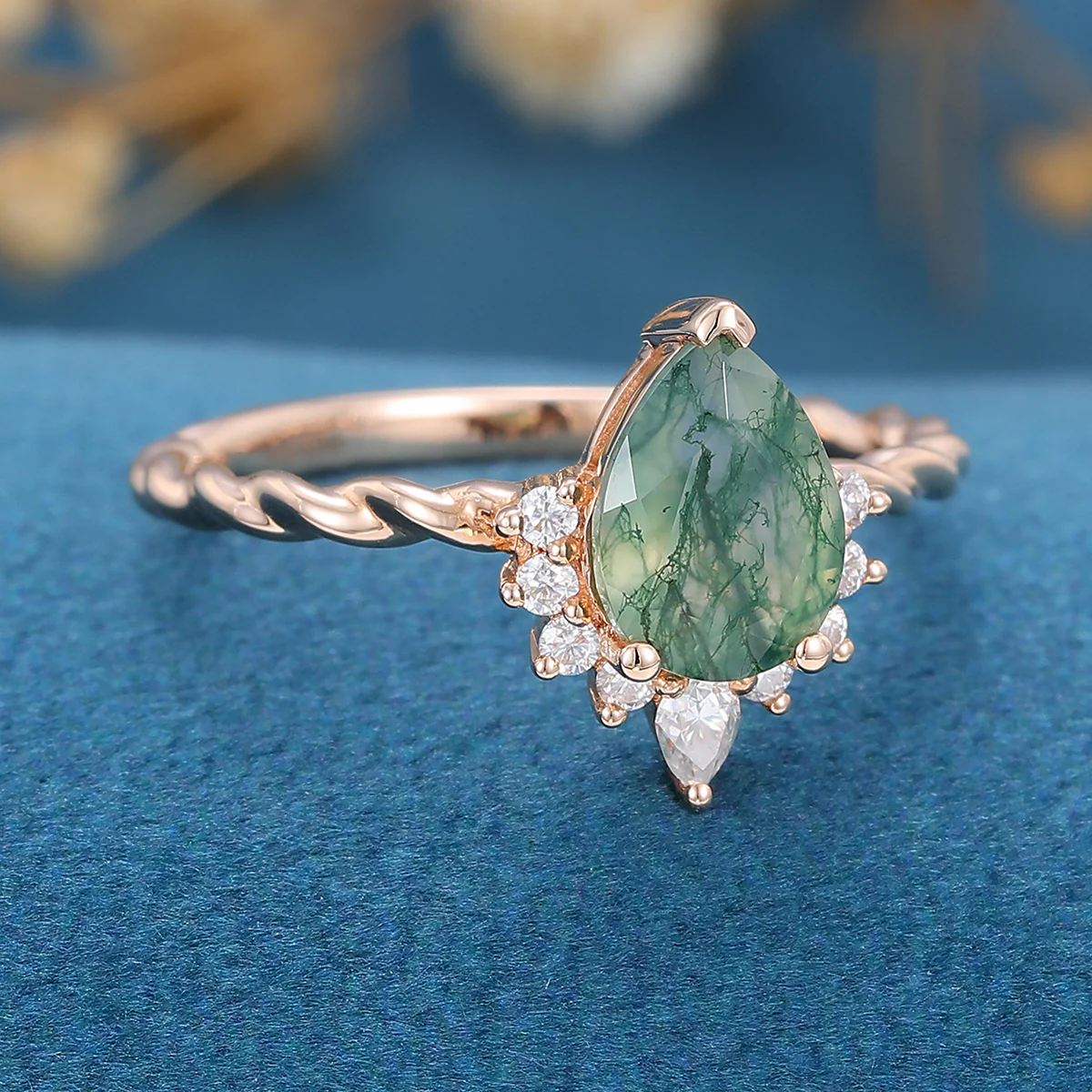 Pear Cut Natural Green Moss Agate Cluster Engagement Ring - Image 4