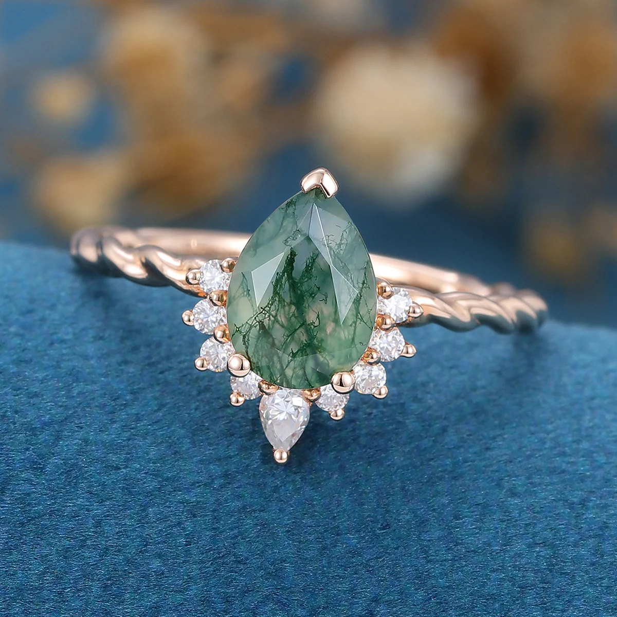 Pear Cut Natural Green Moss Agate Cluster Engagement Ring - Image 5