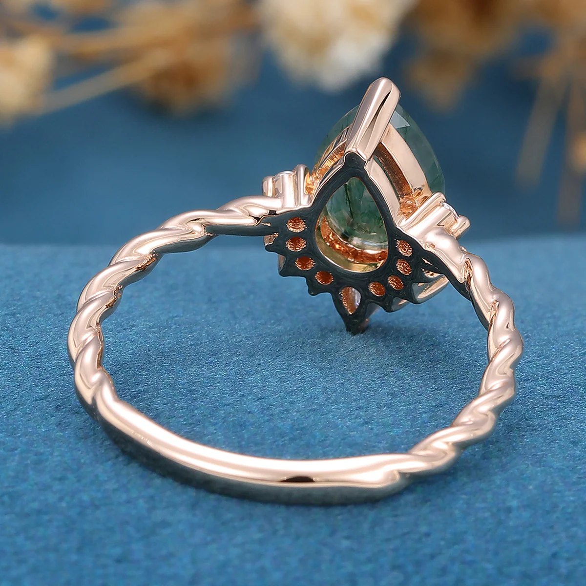 Pear Cut Natural Green Moss Agate Cluster Engagement Ring - Image 6