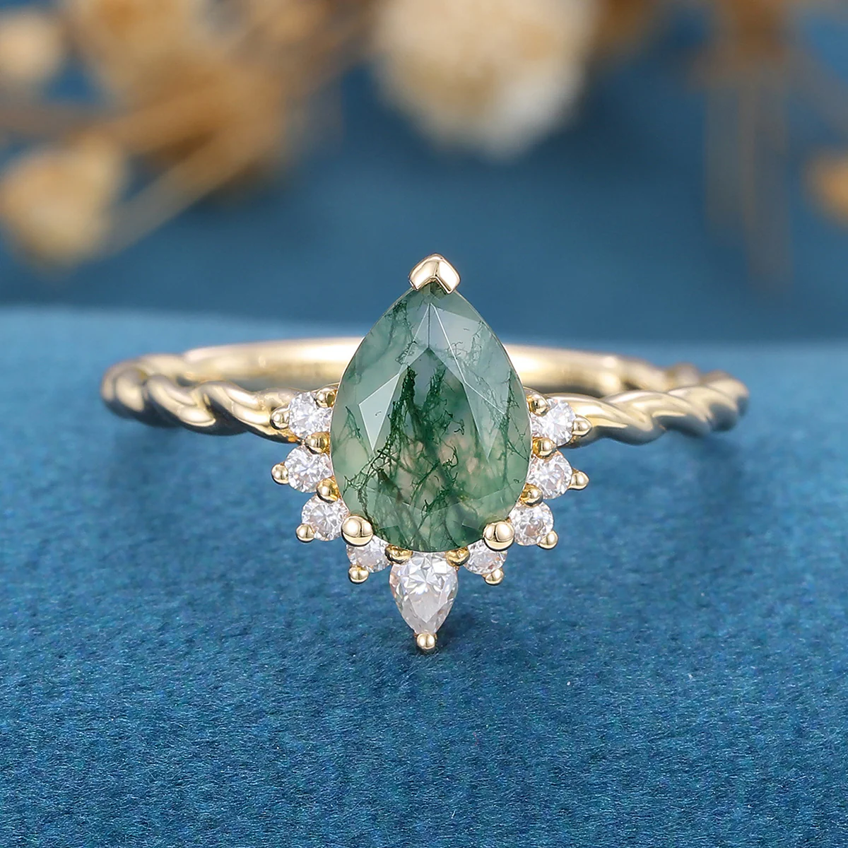 Pear Cut Natural Green Moss Agate Cluster Engagement Ring - Image 8