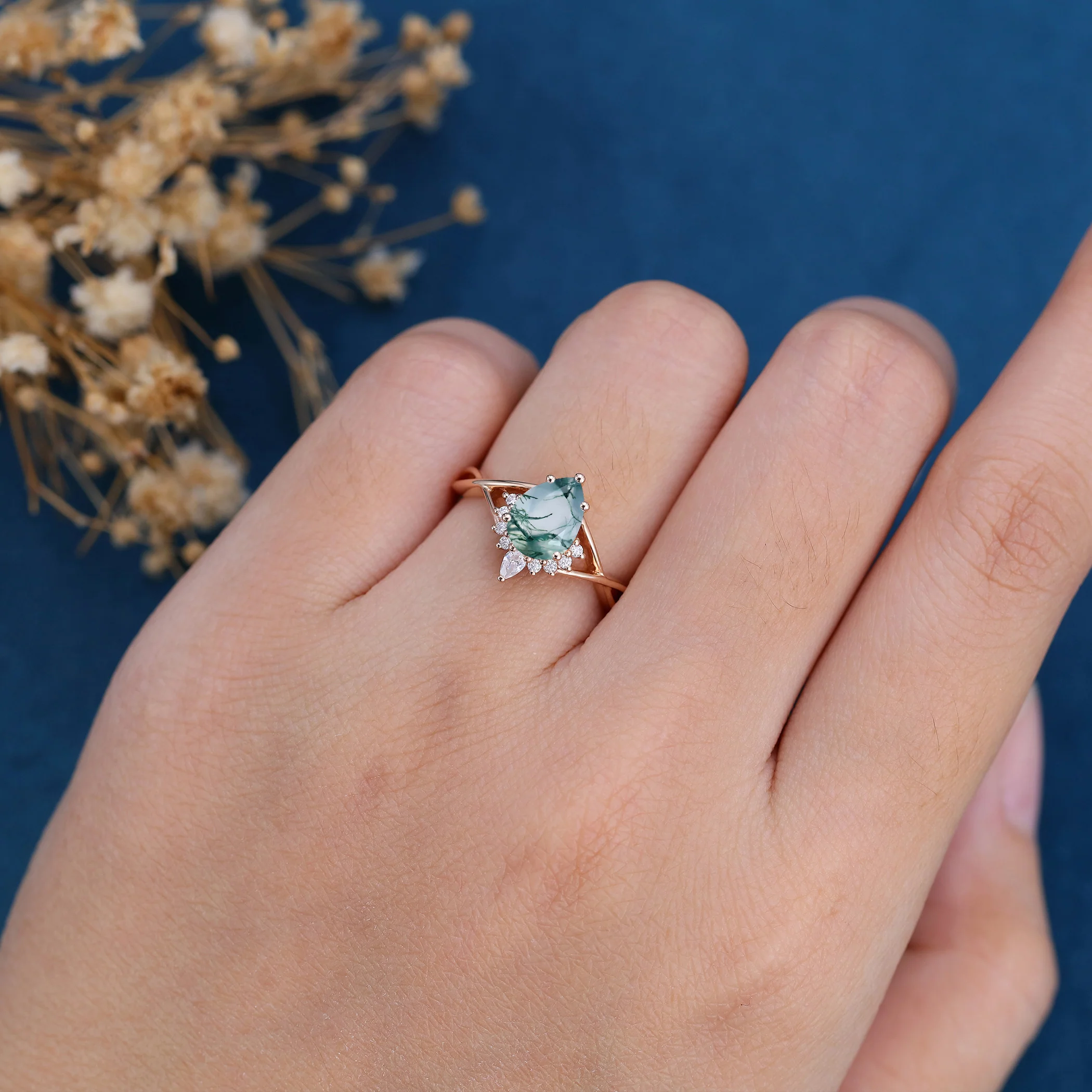 1.2Carat Pear Cut Natural Green Moss Agate Cluster Engagement Ring - Image 2