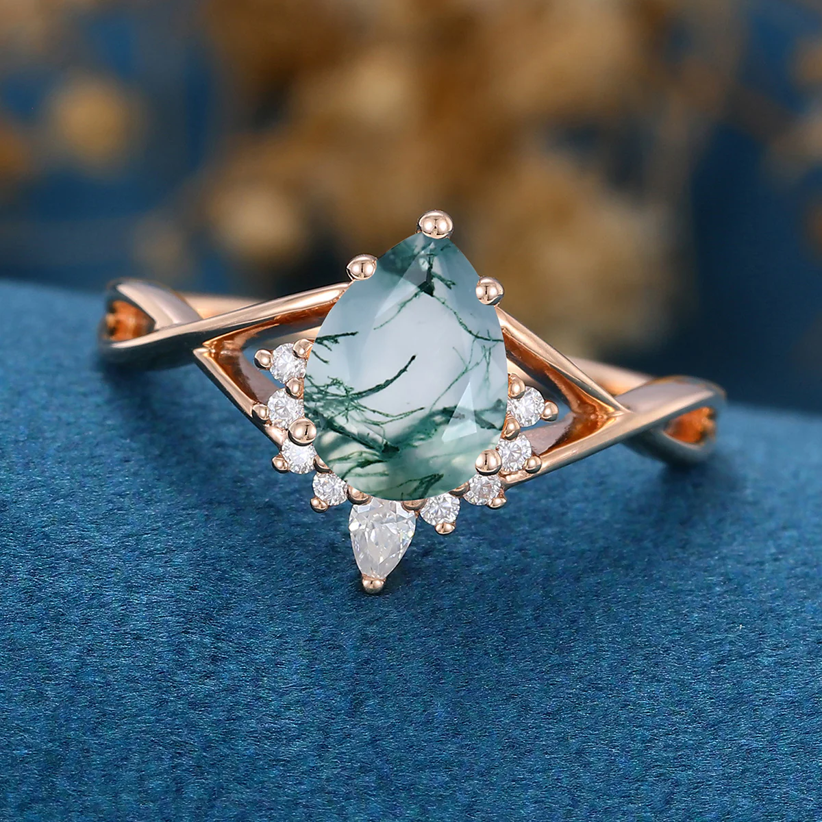 1.2Carat Pear Cut Natural Green Moss Agate Cluster Engagement Ring - Image 6
