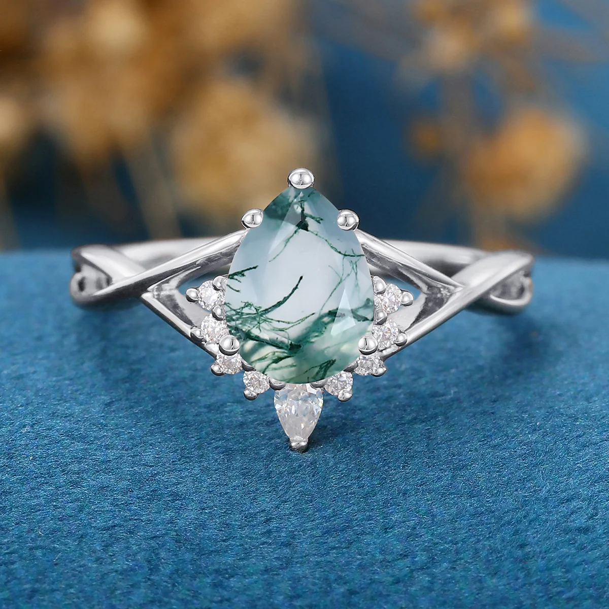 1.2Carat Pear Cut Natural Green Moss Agate Cluster Engagement Ring - Image 8