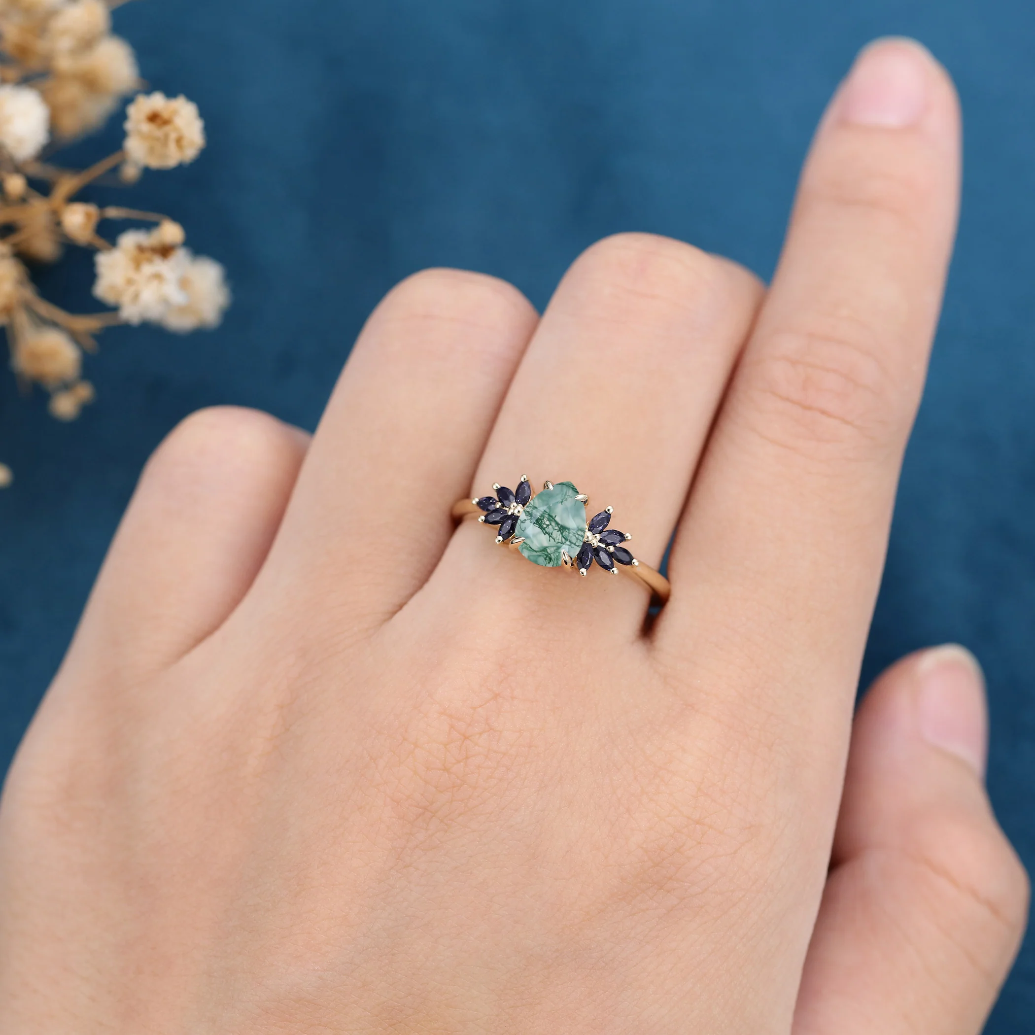 Pear Cut Natural Green Moss Agate Cluster Engagement Ring - Image 2