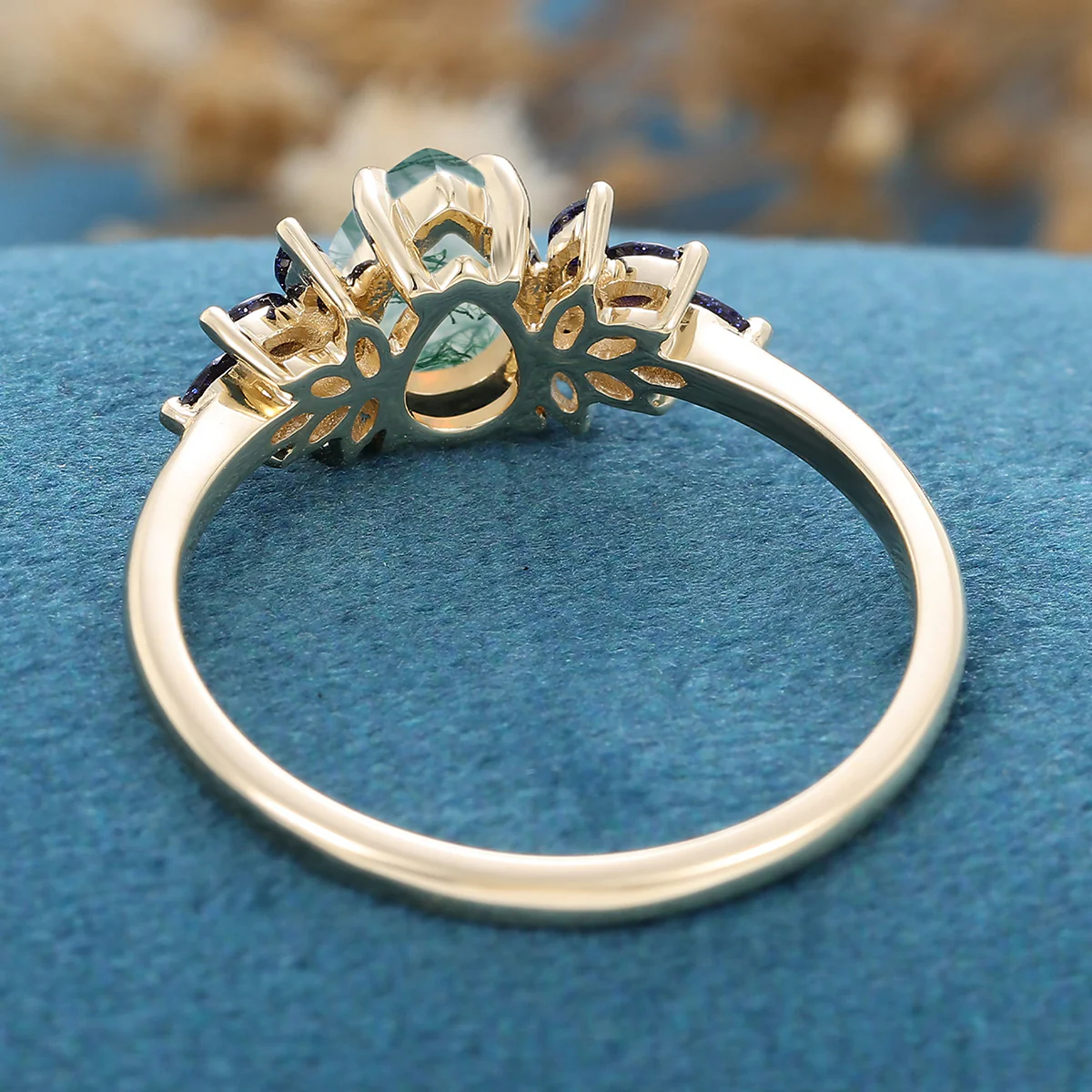 Pear Cut Natural Green Moss Agate Cluster Engagement Ring - Image 4