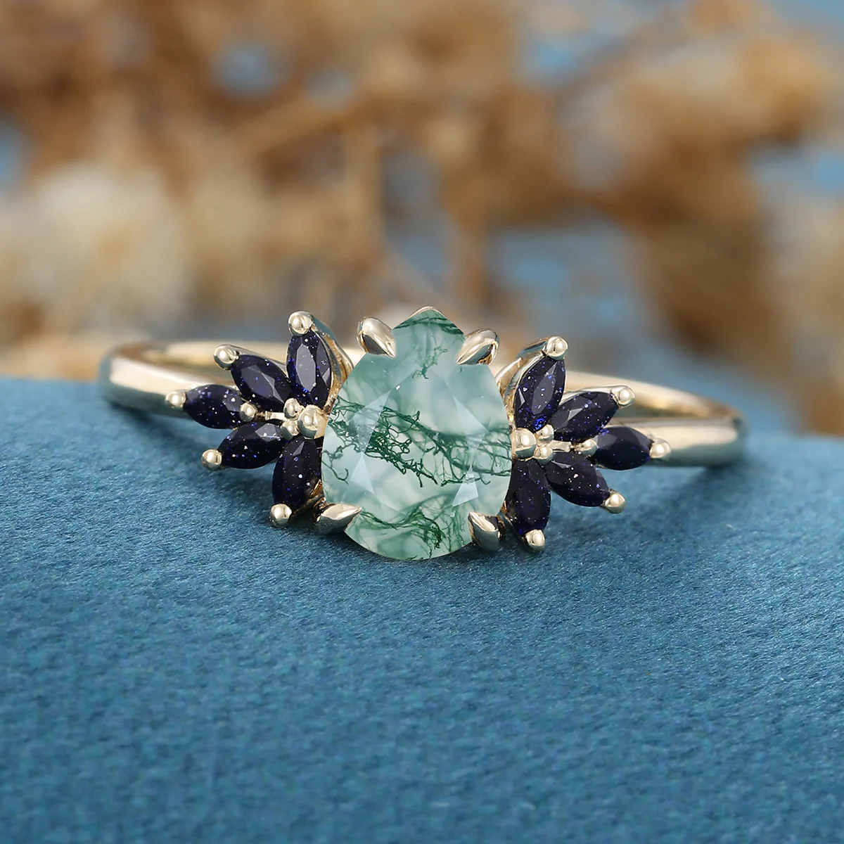 Pear Cut Natural Green Moss Agate Cluster Engagement Ring - Image 5