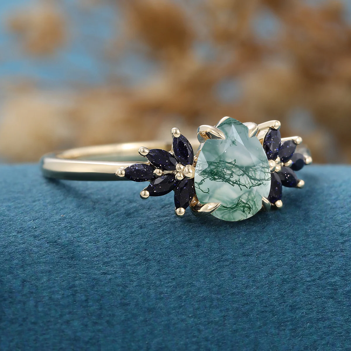 Pear Cut Natural Green Moss Agate Cluster Engagement Ring - Image 6