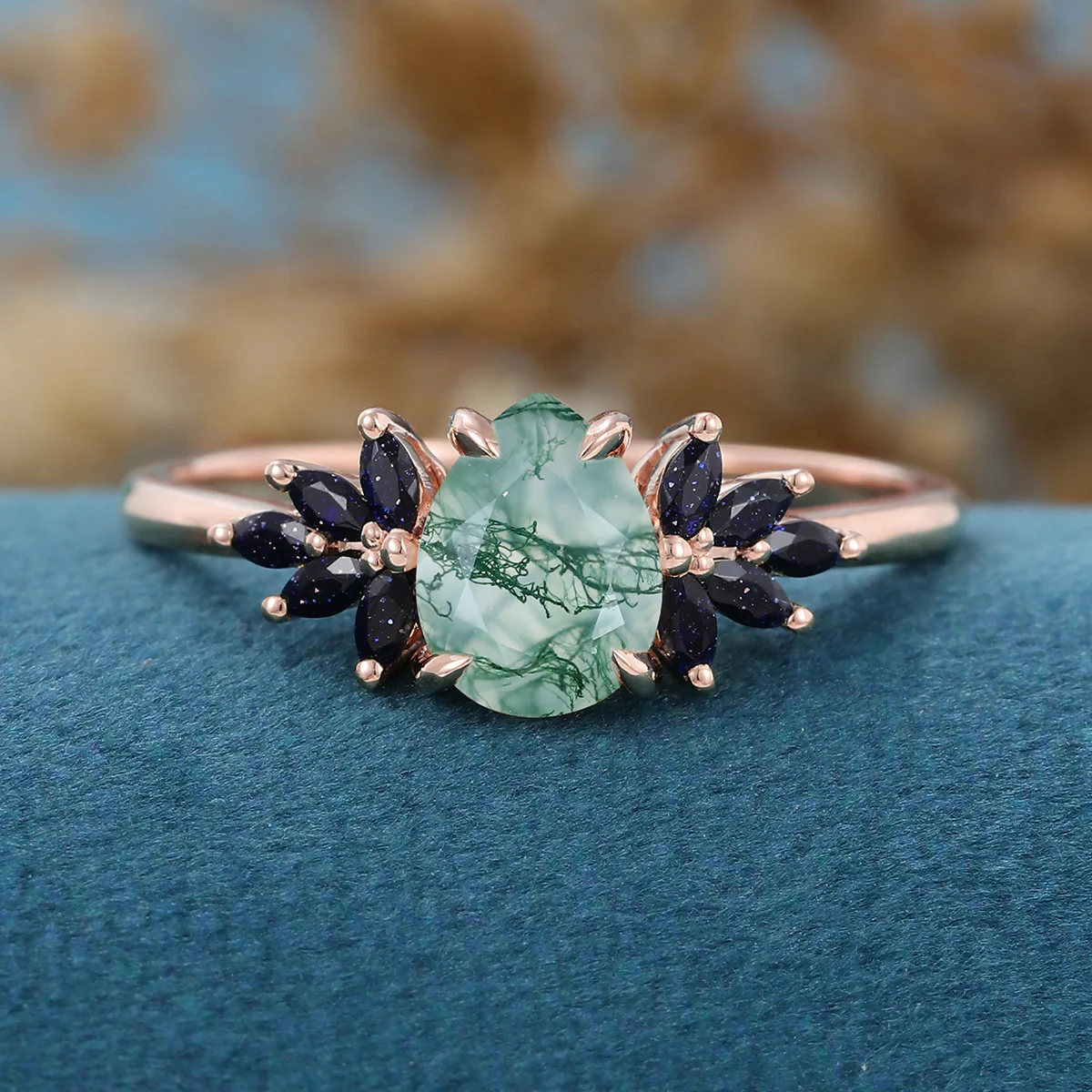 Pear Cut Natural Green Moss Agate Cluster Engagement Ring - Image 8