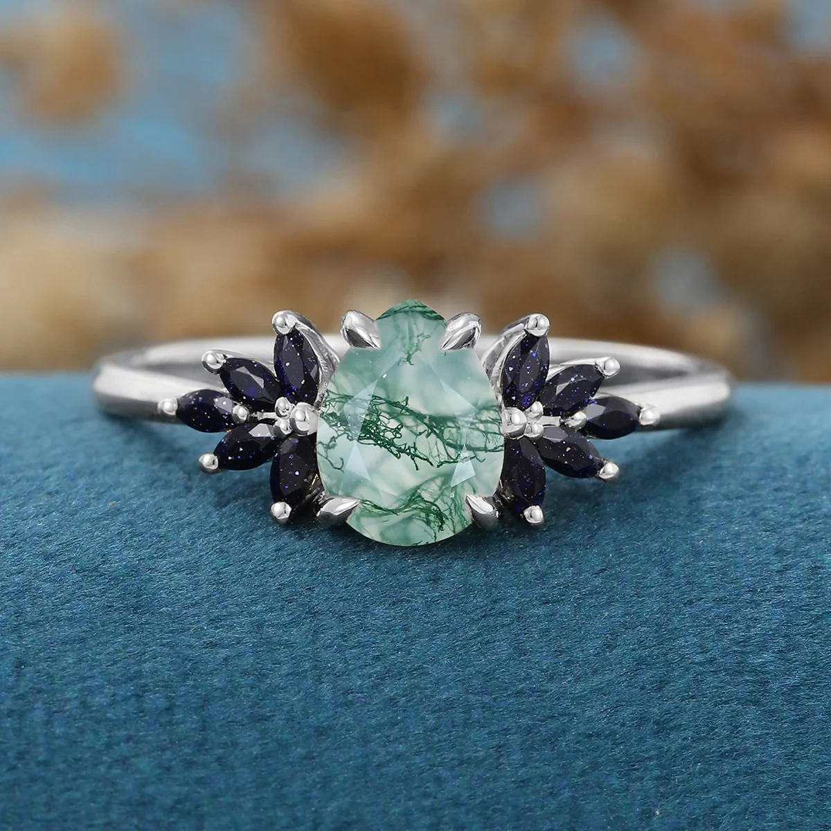 Pear Cut Natural Green Moss Agate Cluster Engagement Ring - Image 9