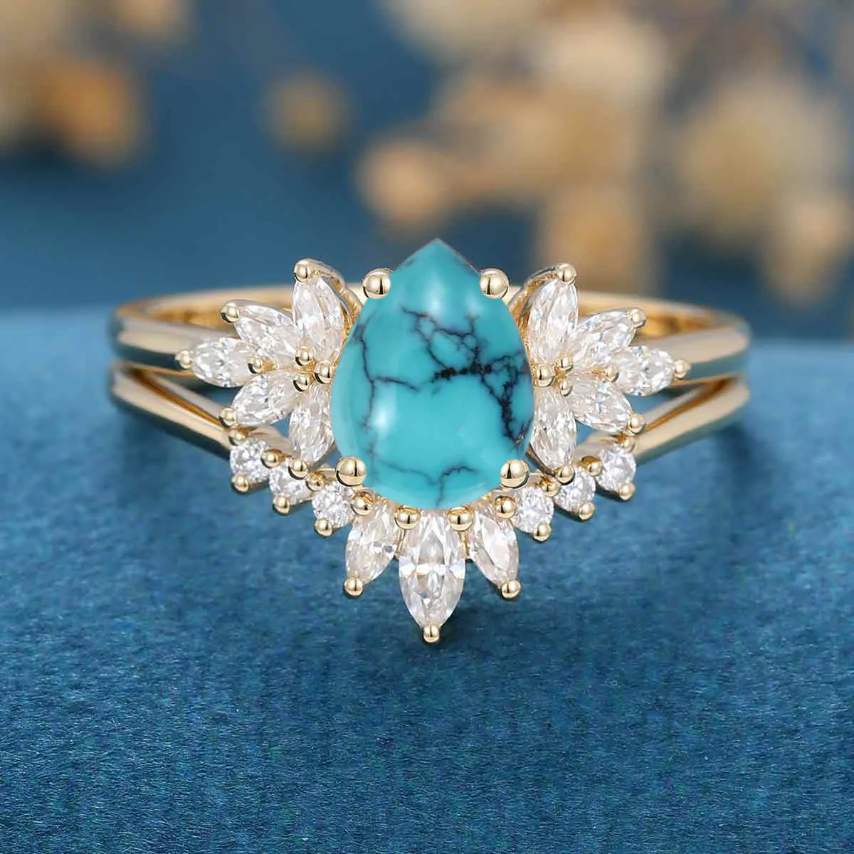 Pear cut Turquoise Cluster Engagement ring Bridal Set - Image 7