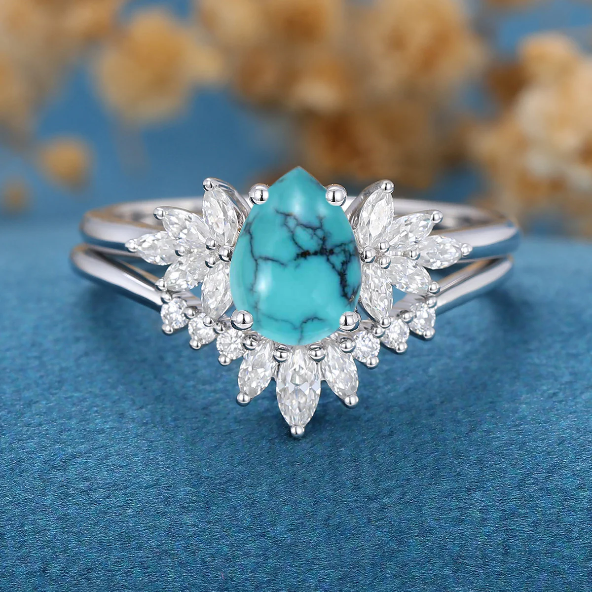 Pear cut Turquoise Cluster Engagement ring Bridal Set - Image 8