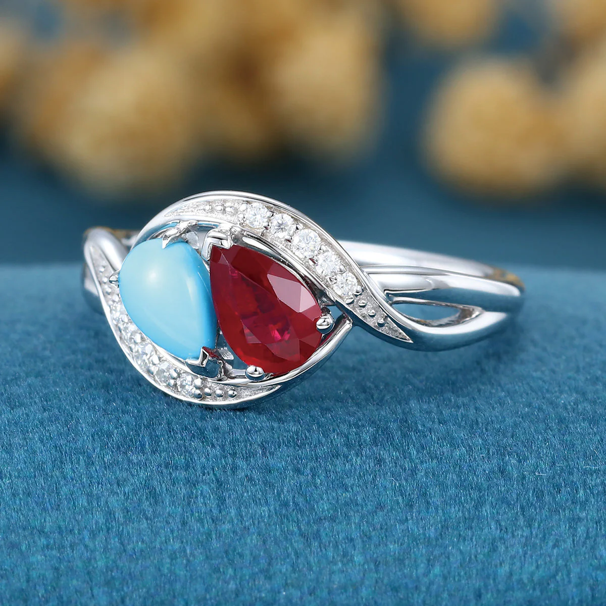 Pear cut Turquoise | Lab grown Ruby Two-Stone White Gold Engagement Ring - Image 5