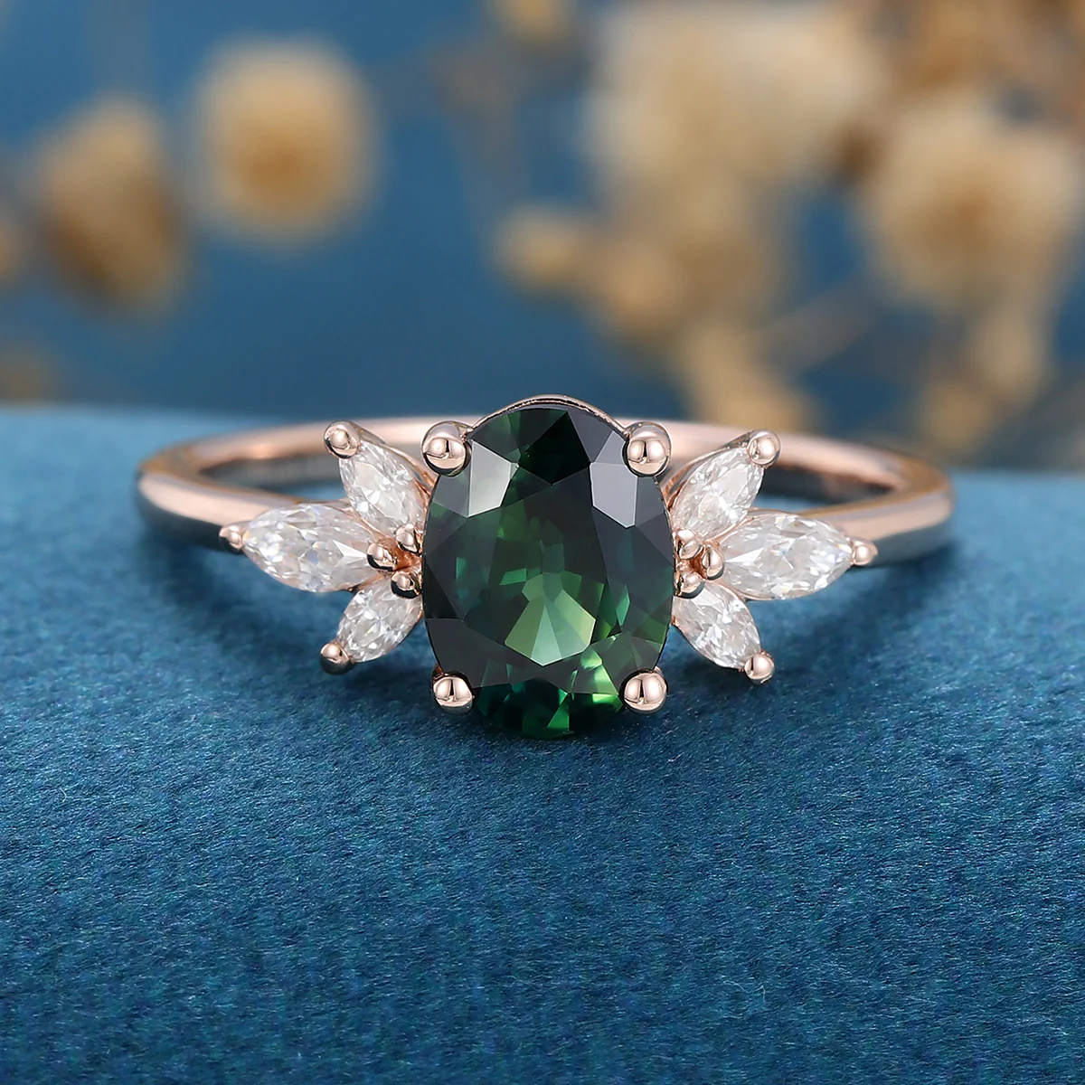 Oval cut Blue-Green Sapphire Cluster Engagement ring - Image 3