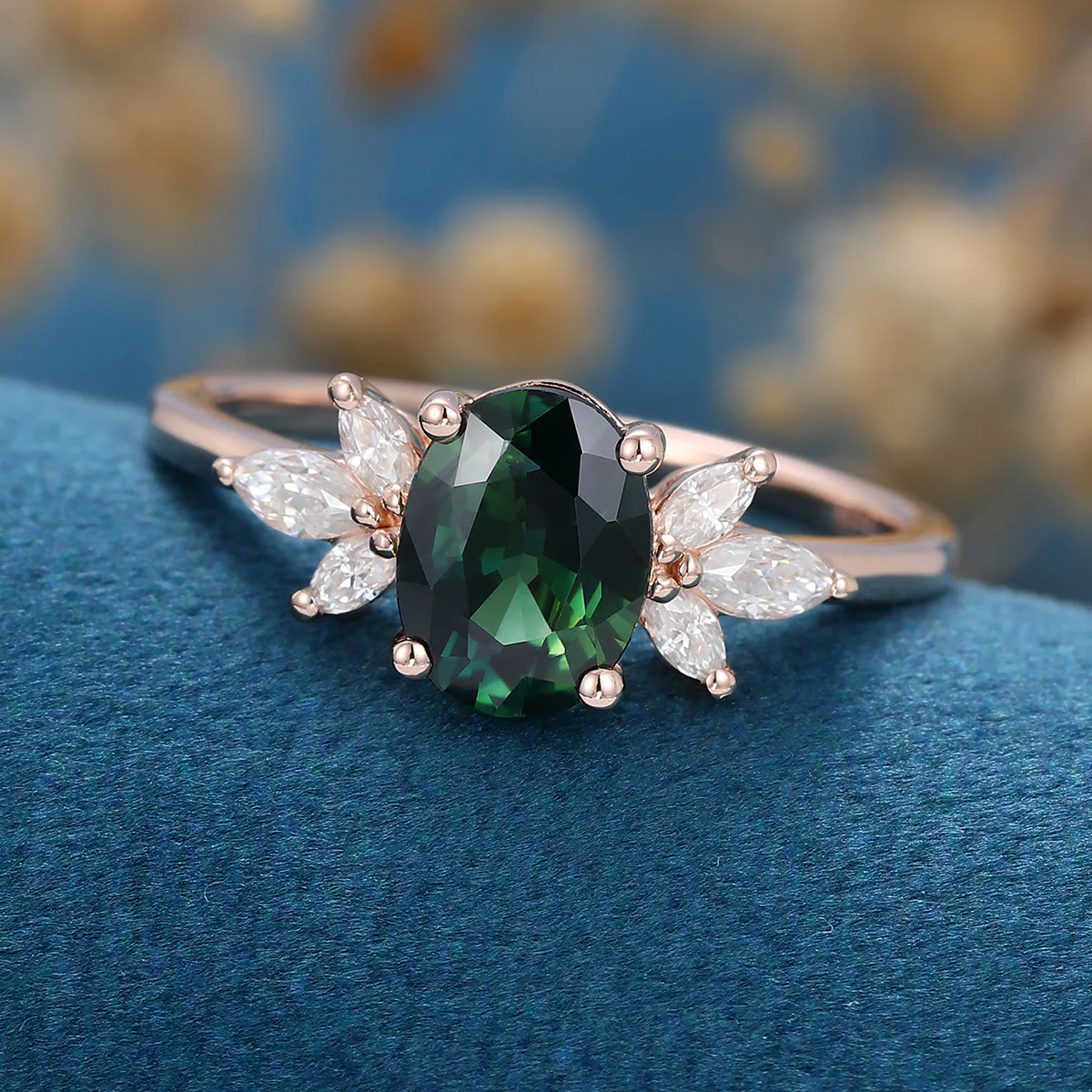 Oval cut Blue-Green Sapphire Cluster Engagement ring - Image 5