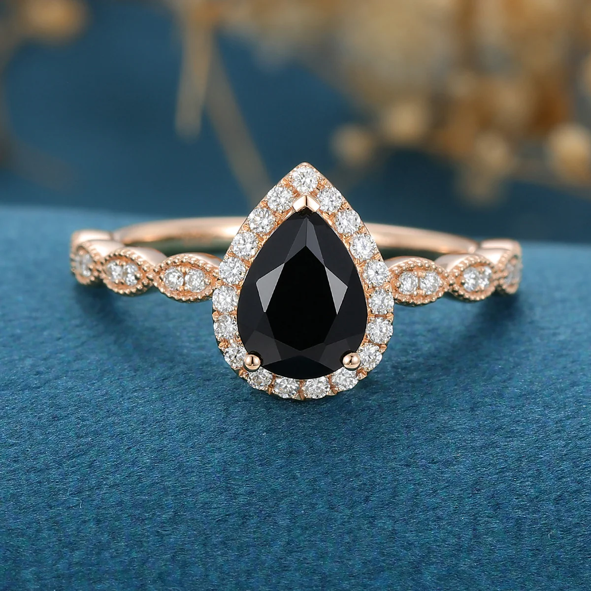 Pear cut Black Onyx  Engagement ring Bridal Set - Image 10