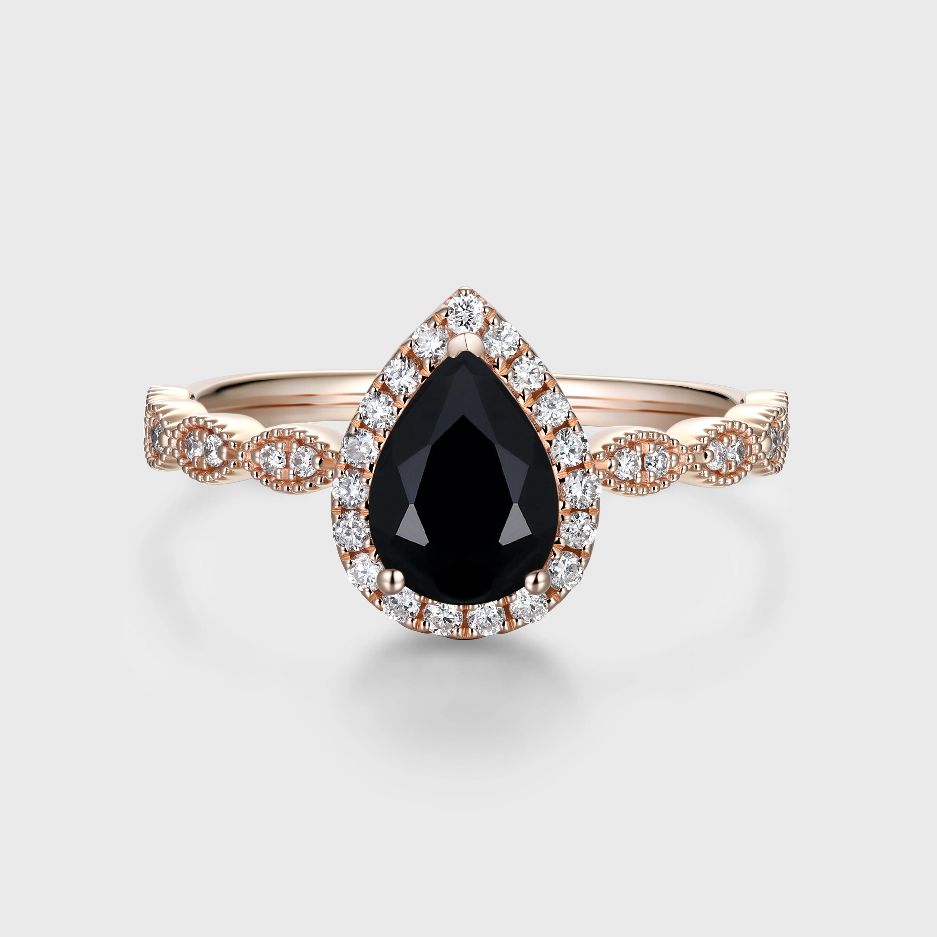 Pear cut Black Onyx  Engagement ring Bridal Set - Image 3