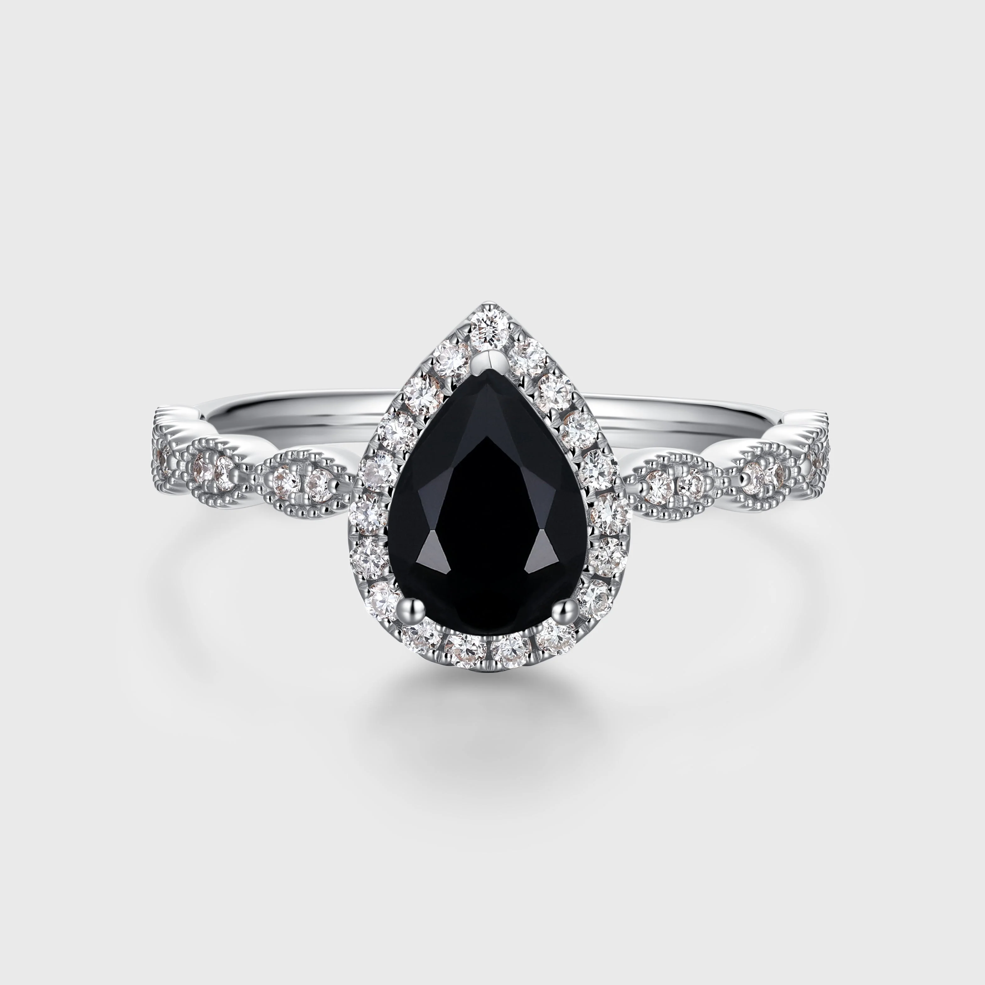 Pear cut Black Onyx  Engagement ring Bridal Set - Image 4