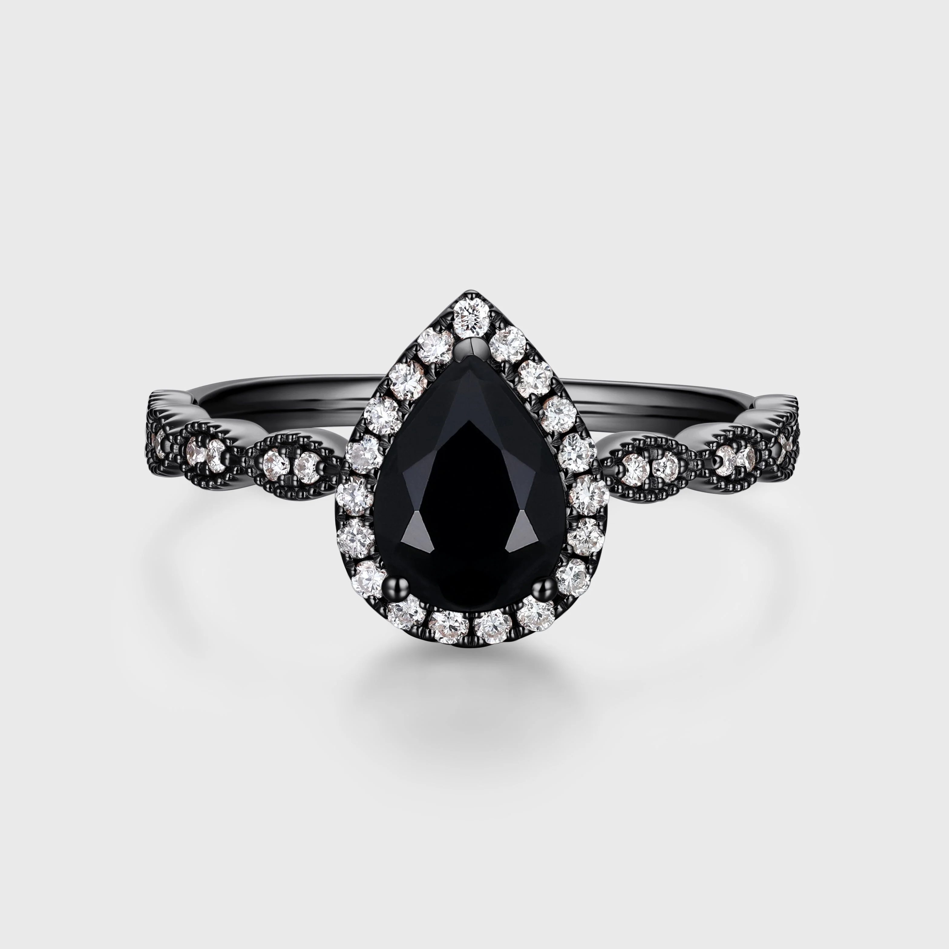 Pear cut Black Onyx  Engagement ring Bridal Set - Image 5